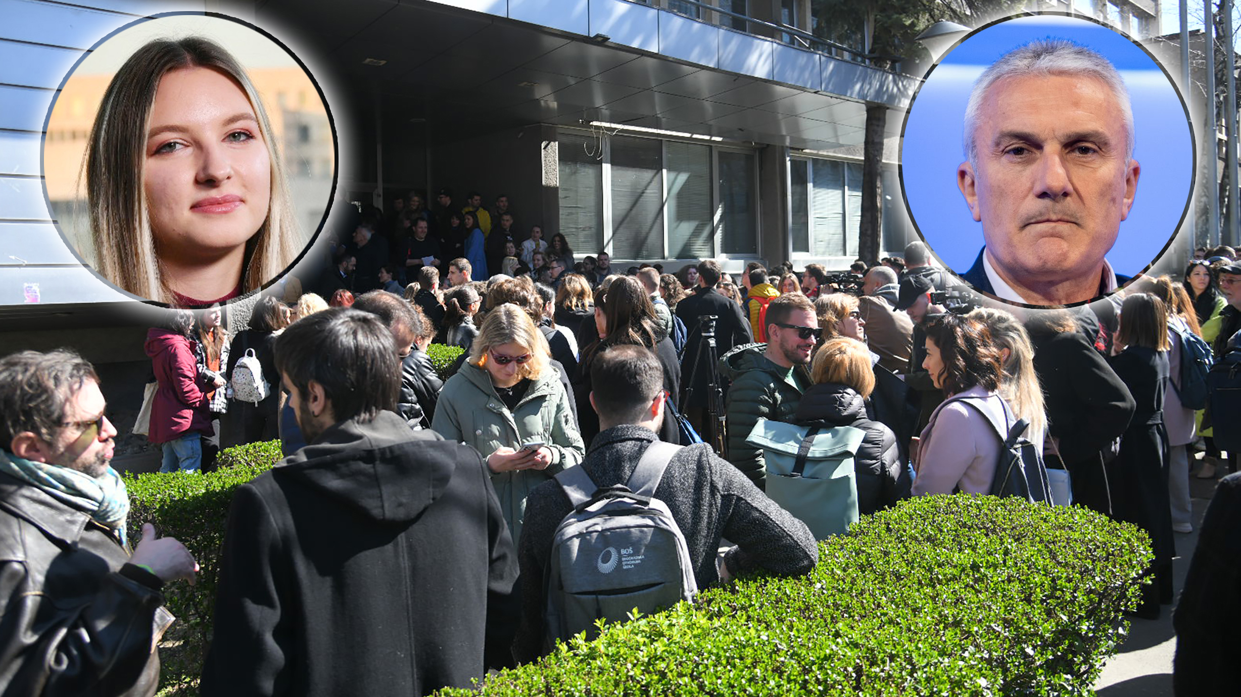 kaver: u fokus Emilija Milenković, studentkinja FPN imamo je, naspram nje Slaviša Orlović, u backraund protesti na FPN-u