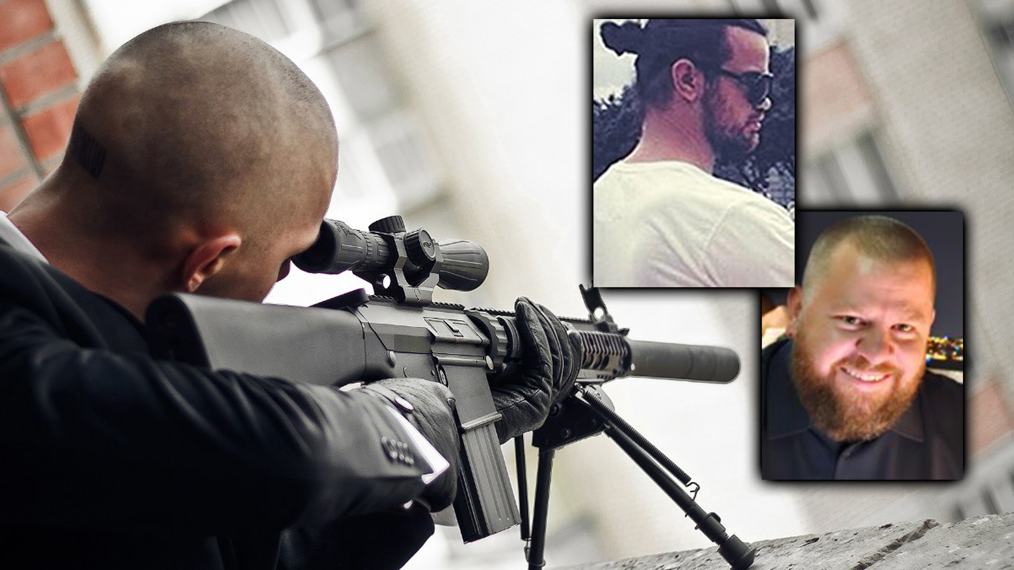 Silhouette of killer or hitman with weapons at day. shot, holding rifle, sniper rifle, blurred building background kombo Dalibor Đurić i Vasko Lješković