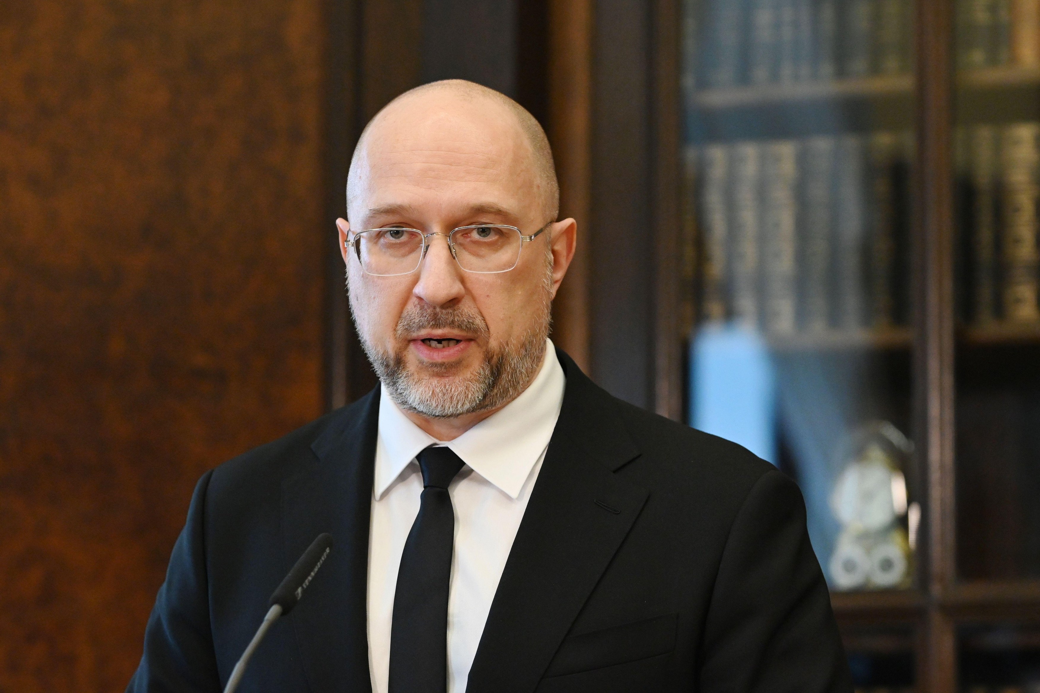 Prime minister of Ukraine, Denys Shmyhal is seen during the press conference prior to the working dinner. Prime Minister of the Czech Republic Petr Fiala hosts a working dinner for security cooperation in Prague. Czech prime minister Petr Fiala, PM of Ukr