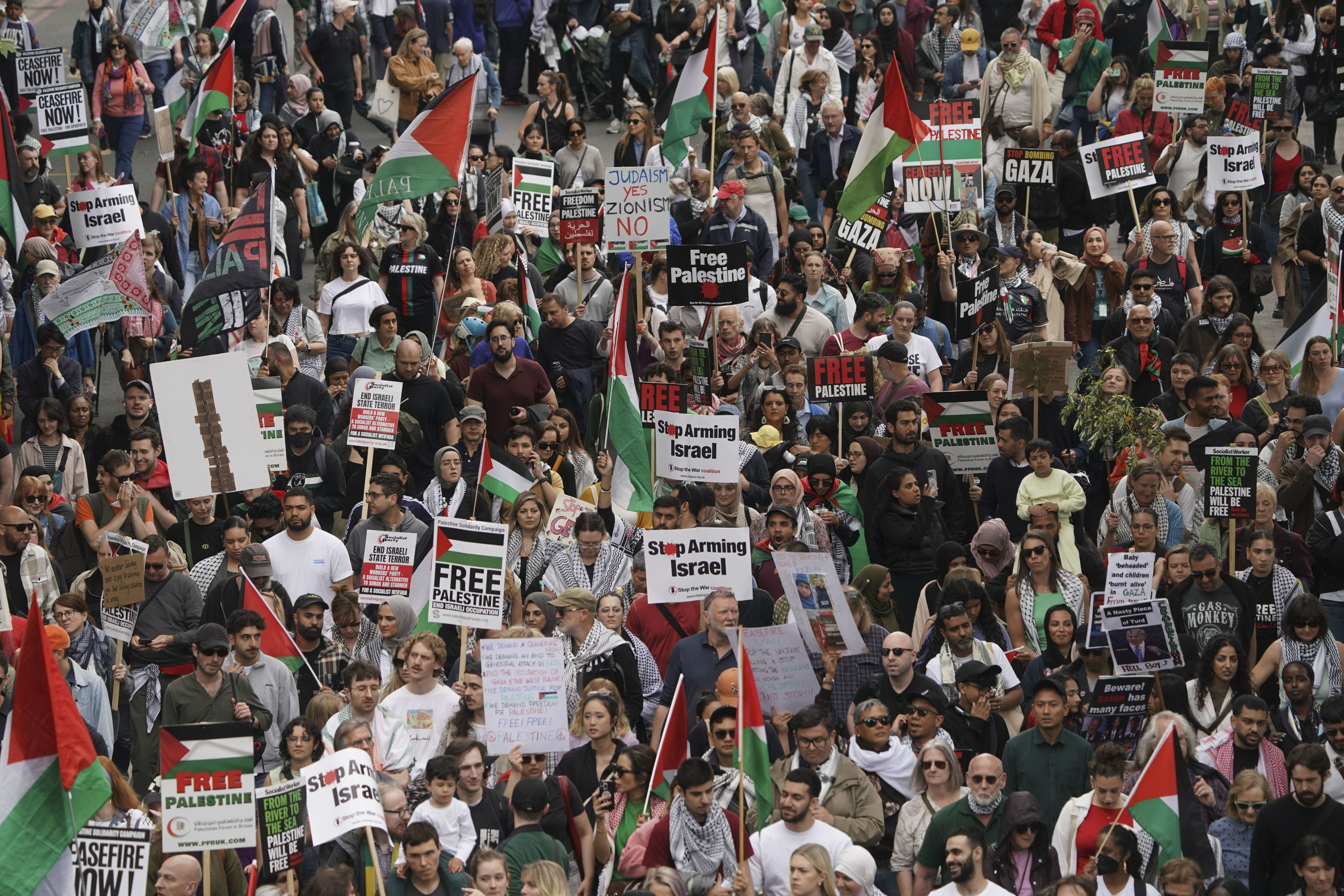 People take part in a national demonstration for Gaza from Russell Square to Whitehall in London, Saturday June 8, 2024. (Jeff Moore/PA via AP)