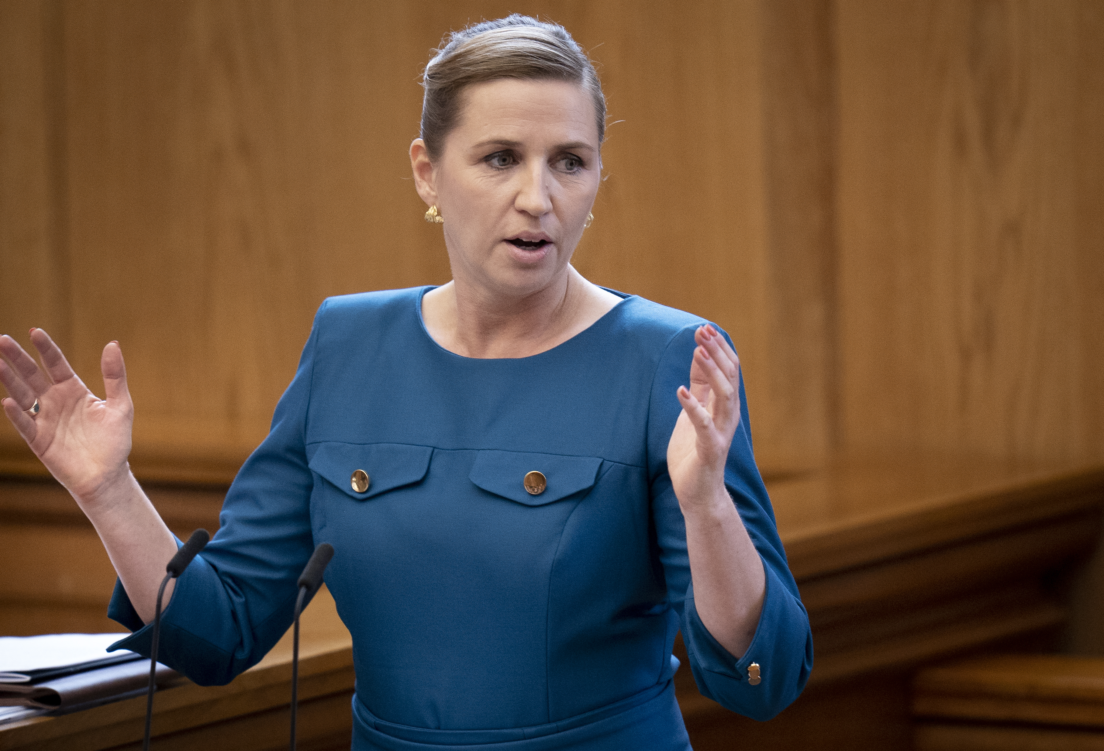 epa09507518 Prime Minister Mette Frederiksen speaks during the opening of the Danish Parliament Folketinget in Copenhagen, 05 October 2021.  EPA-EFE/Liselotte Sabroe DENMARK OUT