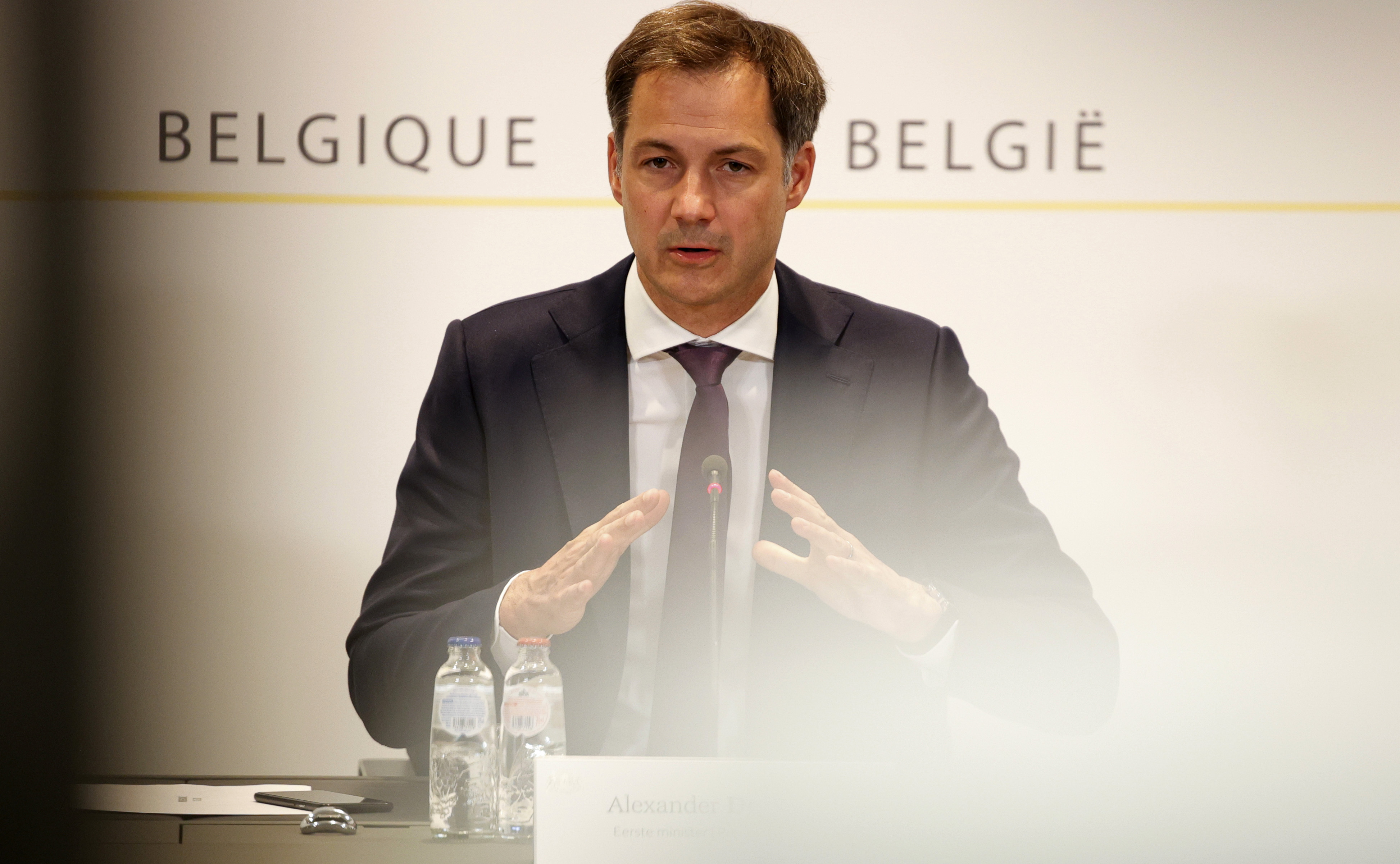 Belgium's Prime Minister Alexander De Croo speaks during a media conference after a Belgian government meeting to discuss coronavirus, COVID-19, measures in Brussels, Tuesday, May 11, 2021. (AP Photo/Olivier Matthys, Pool)