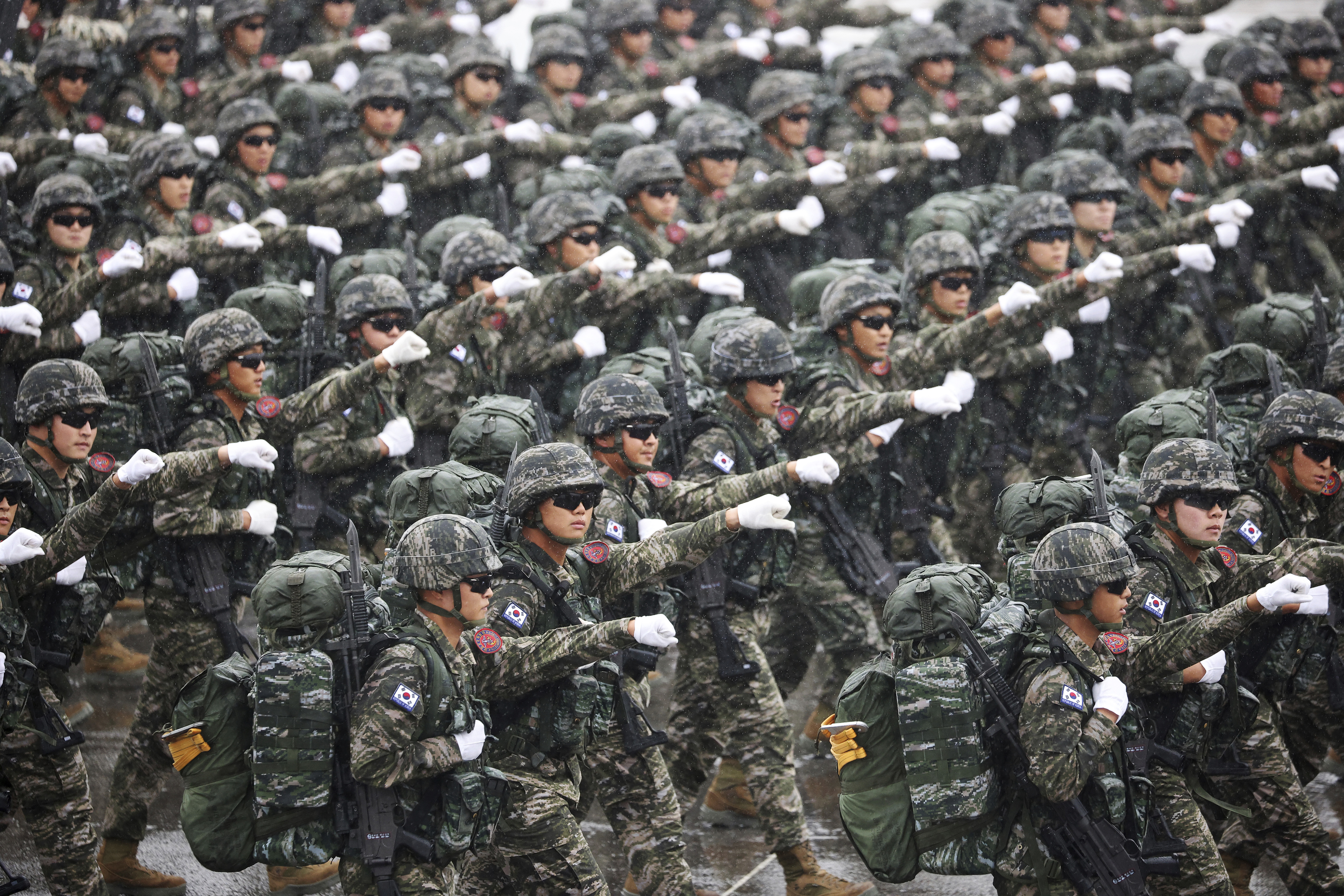 South Korean troops march during a celebration to mark 75th anniversary of Armed Forces Day, in Seongnam, South Korea, Tuesday, Sept. 26, 2023.(Kim Hong-Ji/Pool Photo via AP)