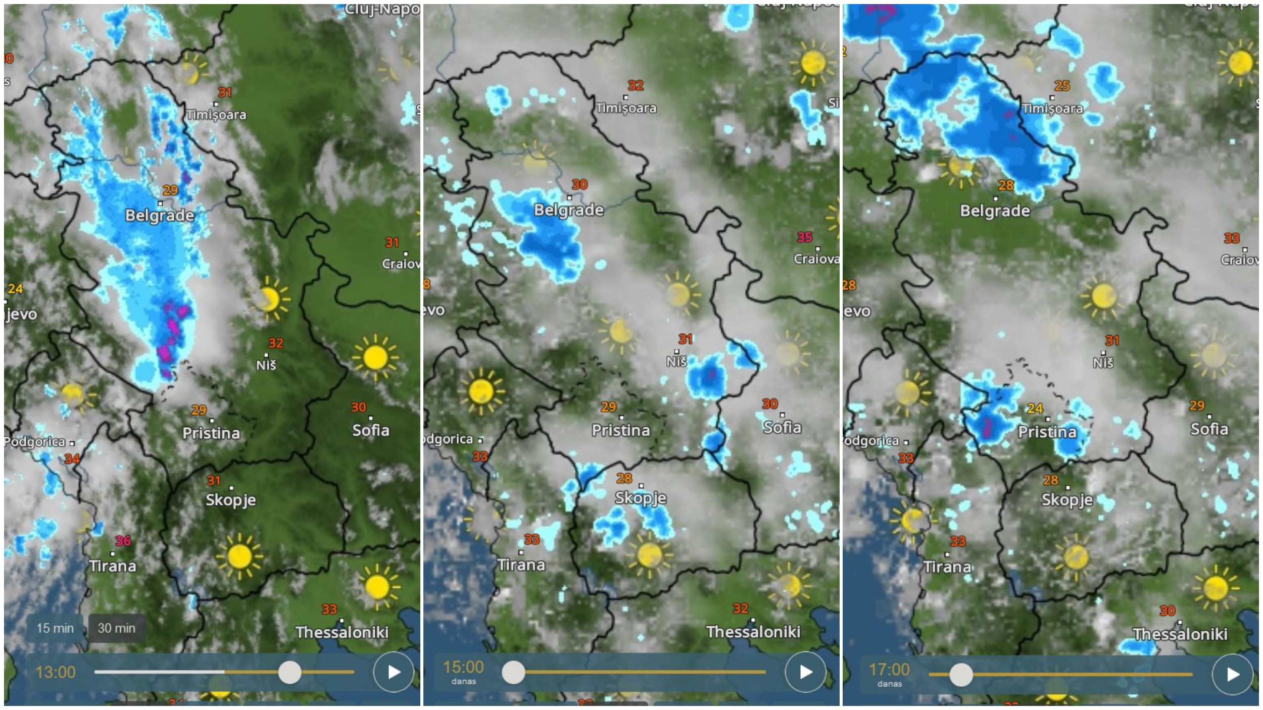 13 15 17 Vremenska prognoza, mapa, iz sata u sat, najava, oluja, kiša, nevreme