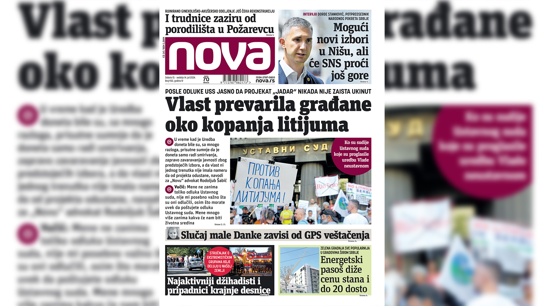 Naslovna strana dnevnih novina Nova za subotu/nedelju 13/14. jul 2024. godine
