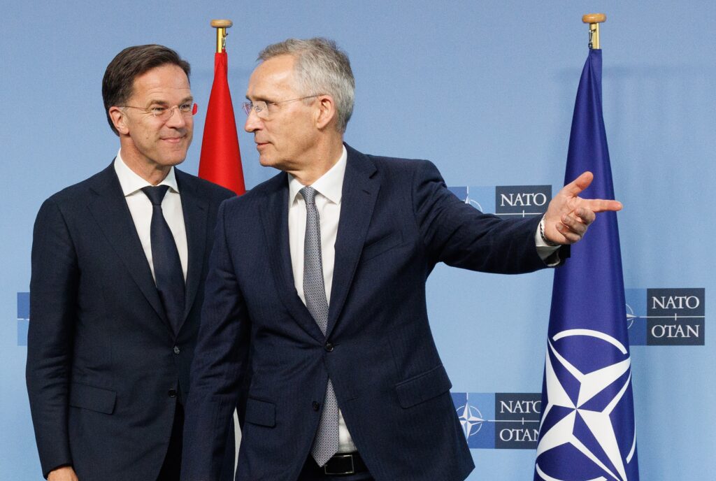 epa11284176 Dutch Prime Minister Mark Rutte (L) and NATO Secretary General Jens Stoltenberg speak at the NATO headquarters in Brussels, Belgium, 17 April 2024.  EPA-EFE/OLIVIER MATTHYS