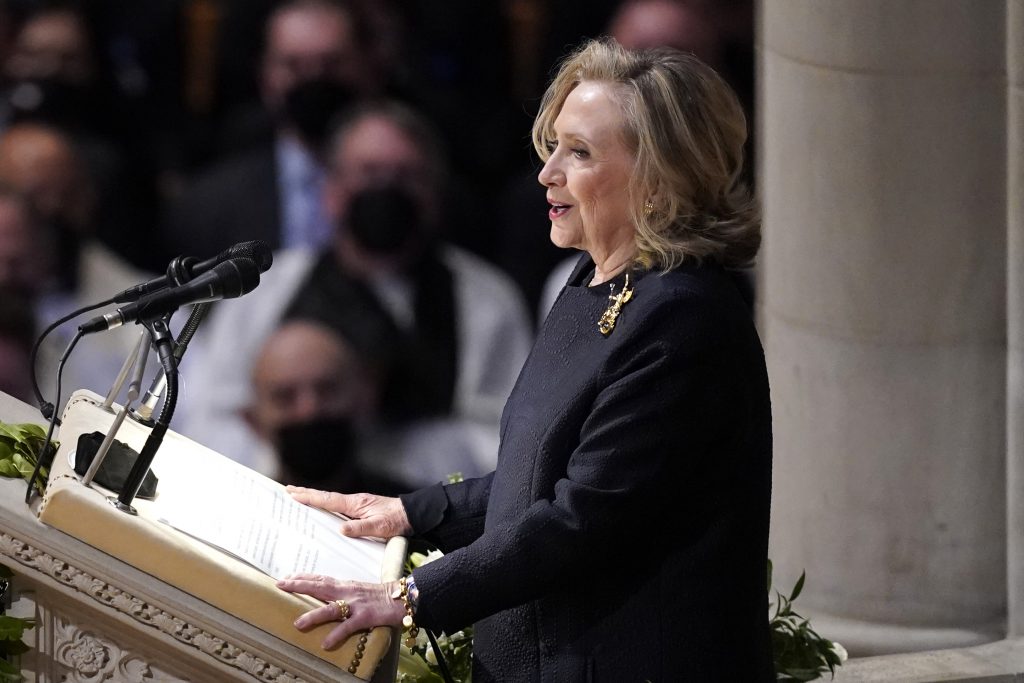 Former Secretary of State Hillary Clinton speaks during the funeral service for former Secretary of State Madeleine Albright at the Washington National Cathedral, Wednesday, April 27, 2022, in Washington. (AP Photo/Evan Vucci)