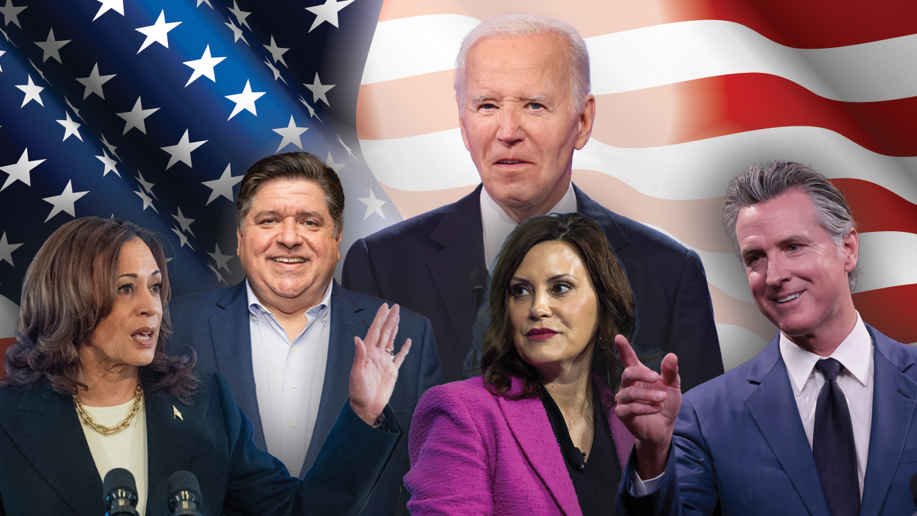 Kamala Harris, JB Pritzker, Joe Biden, Gretchen Whitmer, Gavin Newsom, američka zastava, Amerika, kombo Foto: Shutterstock/Foto: EPA-EFE/ROD LAMKEY/MICHAEL REYNOLDS/JIM LO SCALZO/JOHN G. MABANGLO/Cindy Barrymore / Shutterstock Editorial / Profimedia