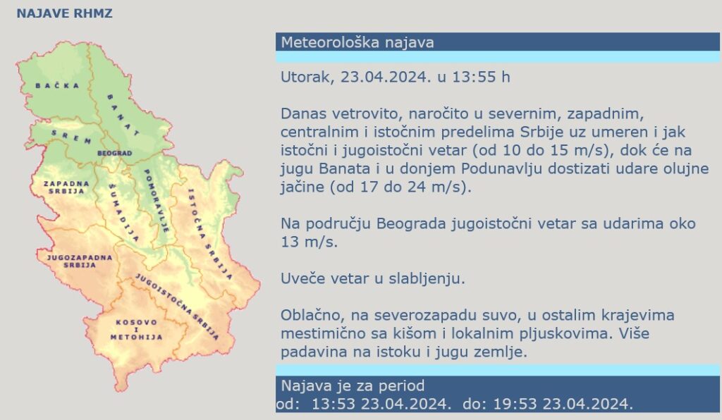 Vremenska prognoza, vreme, upozorenja i najave, grafikon, tabela, šema Foto: RHMZ