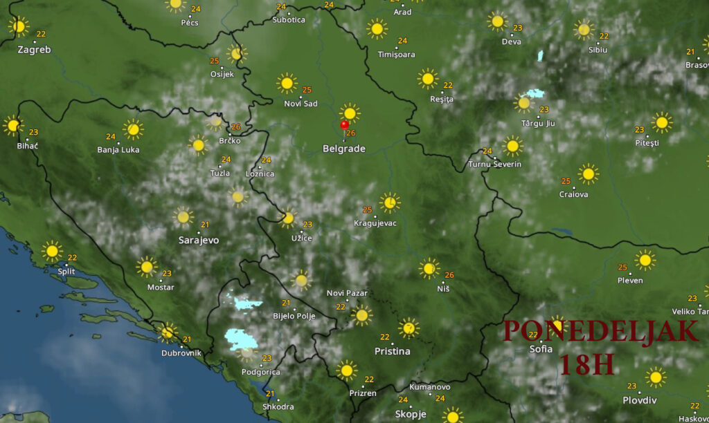 Vremenska prognoza, mapa, ponedeljak 18h Foto: Printscreen/vremeradar.rs