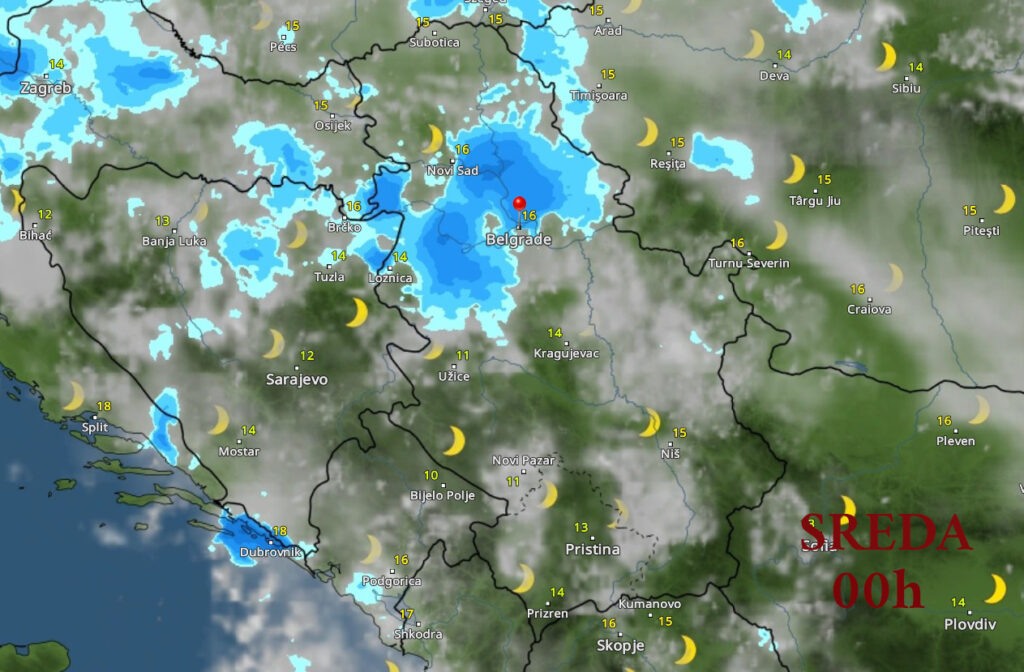 Vremenska prognoza, mapa, sreda 00h, ponoć Foto: Printscreen/vremeradar.rs