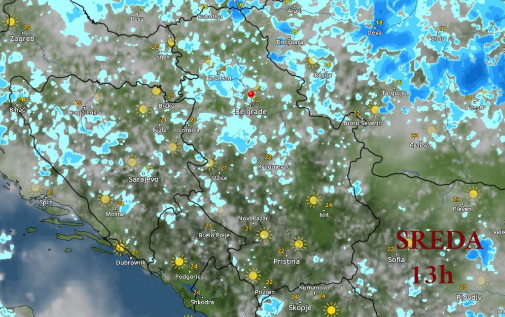 Vremenska prognoza, mapa, sreda 13h Foto: Printscreen/vremeradar.rs