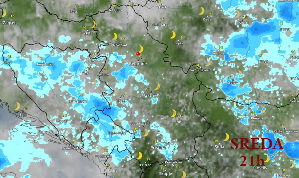 Vremenska prognoza, mapa, sreda 21h Foto: Printscreen/vremeradar.rs