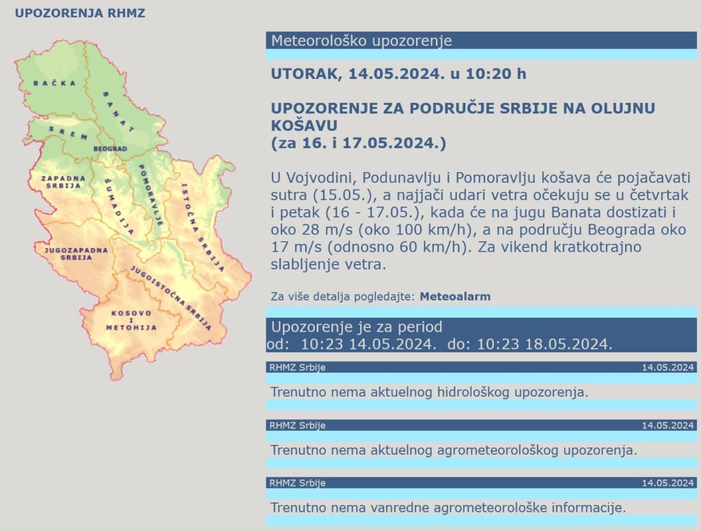 Vremenska prognoza, upozorenja i najave, vreme Foto: RHMZ