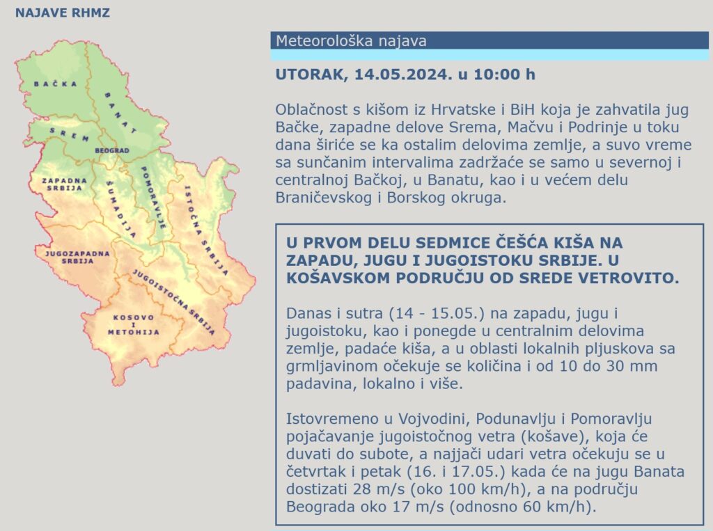 Vremenska prognoza, upozorenja i najave, vreme Foto: RHMZ