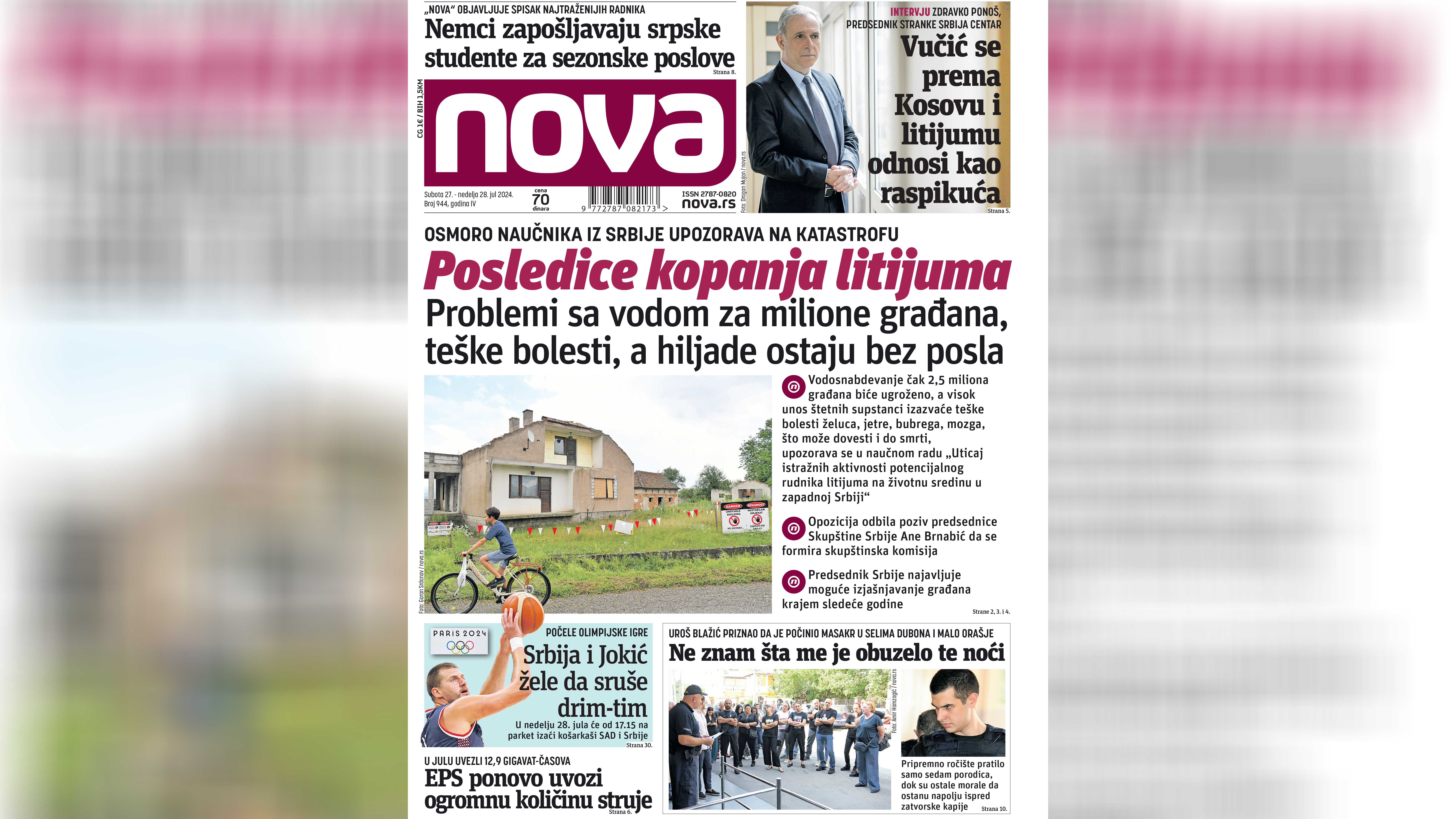 Nova, naslovna strana, naslovna za subotu i nedelju, vikend izdanje, vikend broj, 27-28. jun 2024. broj 944, dnevne novine Nova, dnevni list Nova Foto: Nova.rs