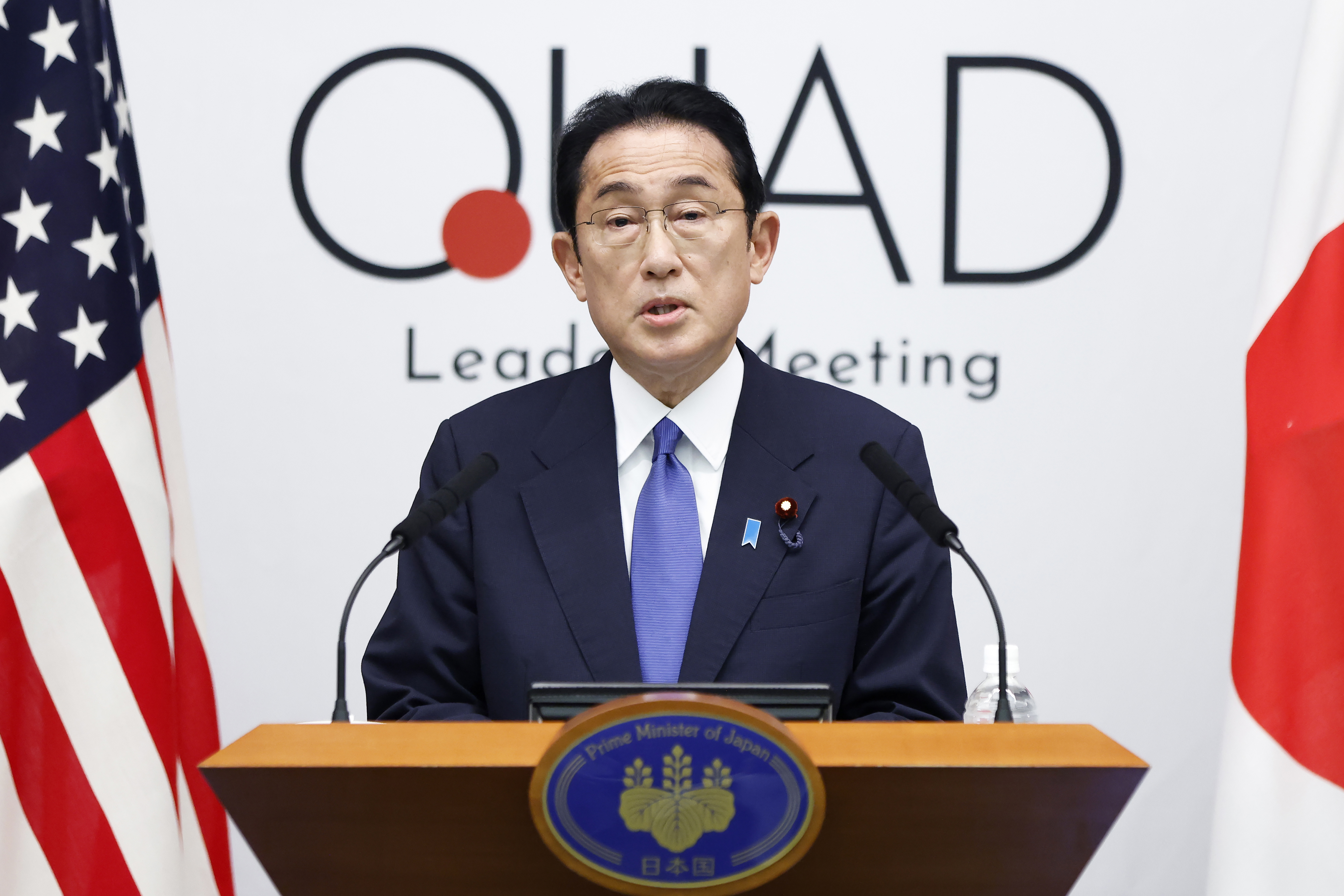 Japanese Prime Minister Fumio Kishida attends a news conference following the Quadrilateral Security Dialogue (Quad) leaders meeting at the Prime Minister's official residence in Tokyo, Tuesday, May 24, 2022. (Kiyoshi Ota/Pool Photo via AP)