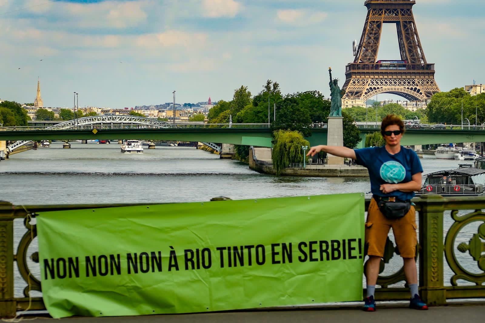 Pariz, Francuska, Rio Tinto, transparent, Ne Rio Tinto u Srbiji, transparent protiv Rio Tinta na Olimpijskim igrama u Parizu Foto: Privatna arhiva