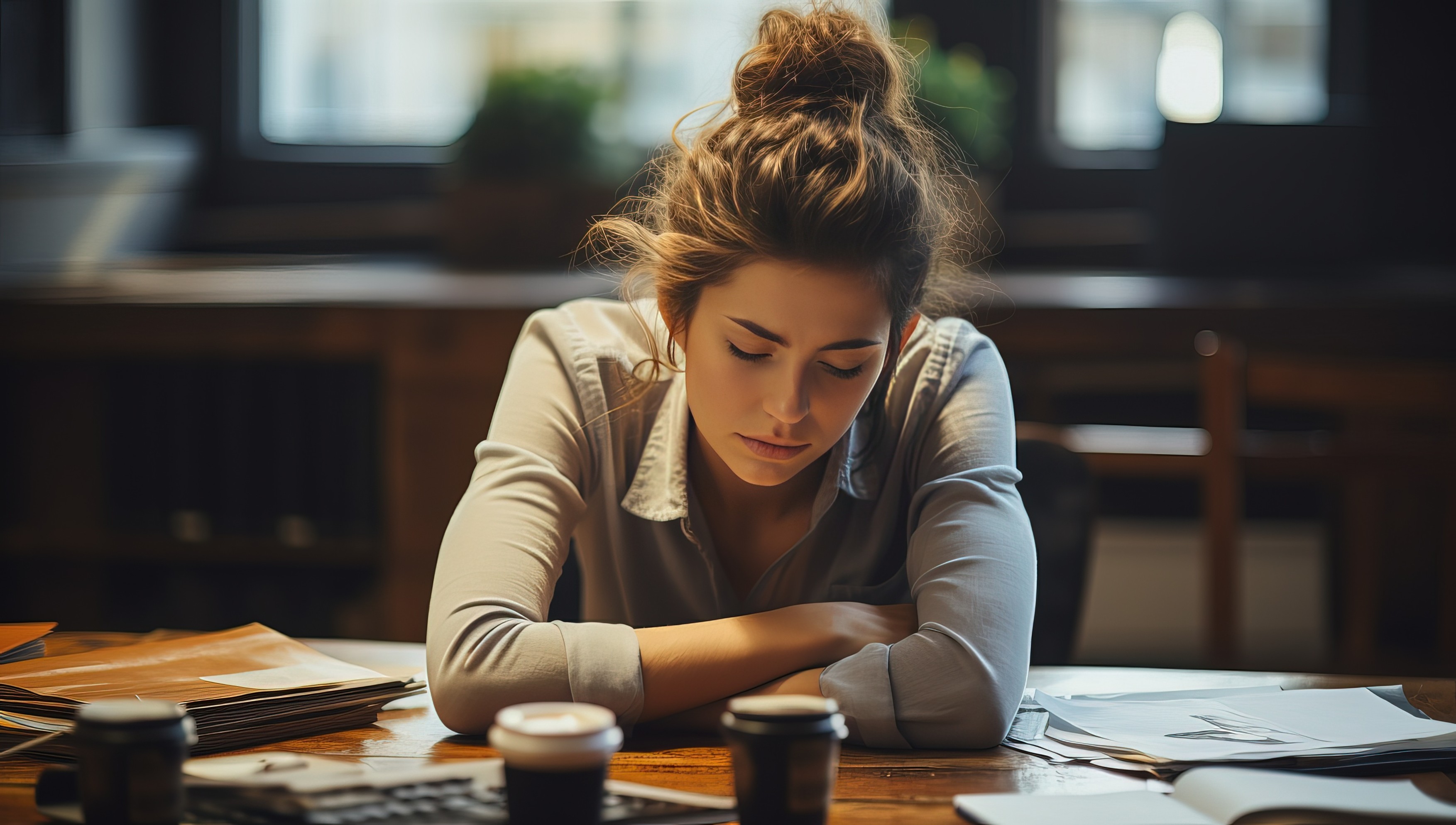 Tired young woman sleeping at desk in office. Tired businesswoman resting at workplace.,Image: 818547718, License: Royalty-free, Restrictions: , Model Release: no, Credit line: Ailike Creative / Panthermedia / Profimedia