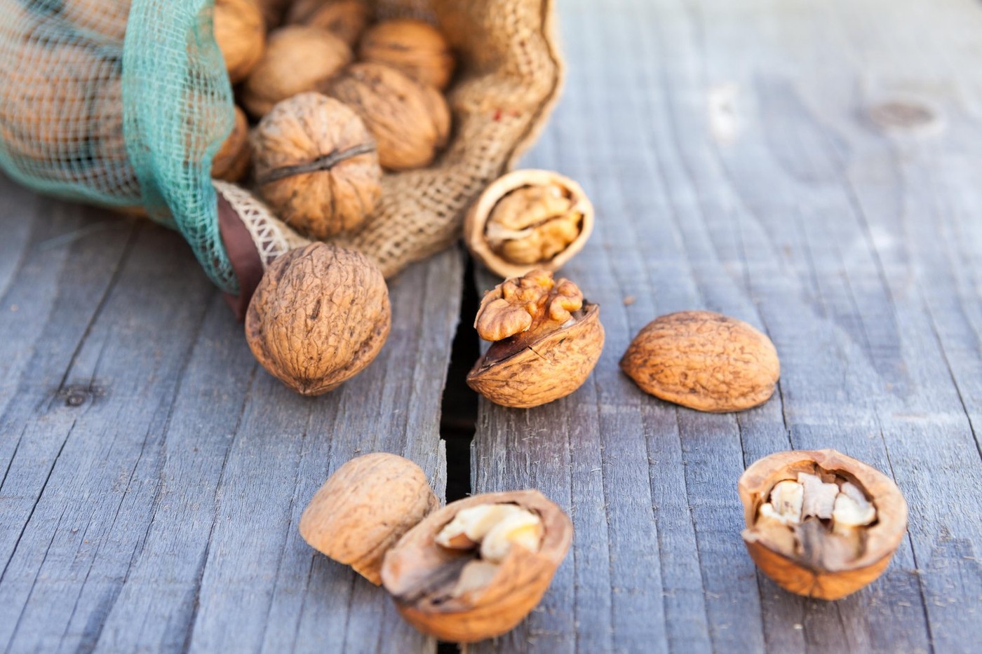 Open walnuts in sack