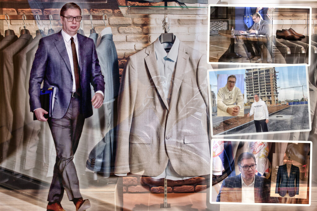 Aleksandar Vučić garderoba odeca maneken top model New blue leather men's shoes are in the closet close to suit. Classic, office, business attire