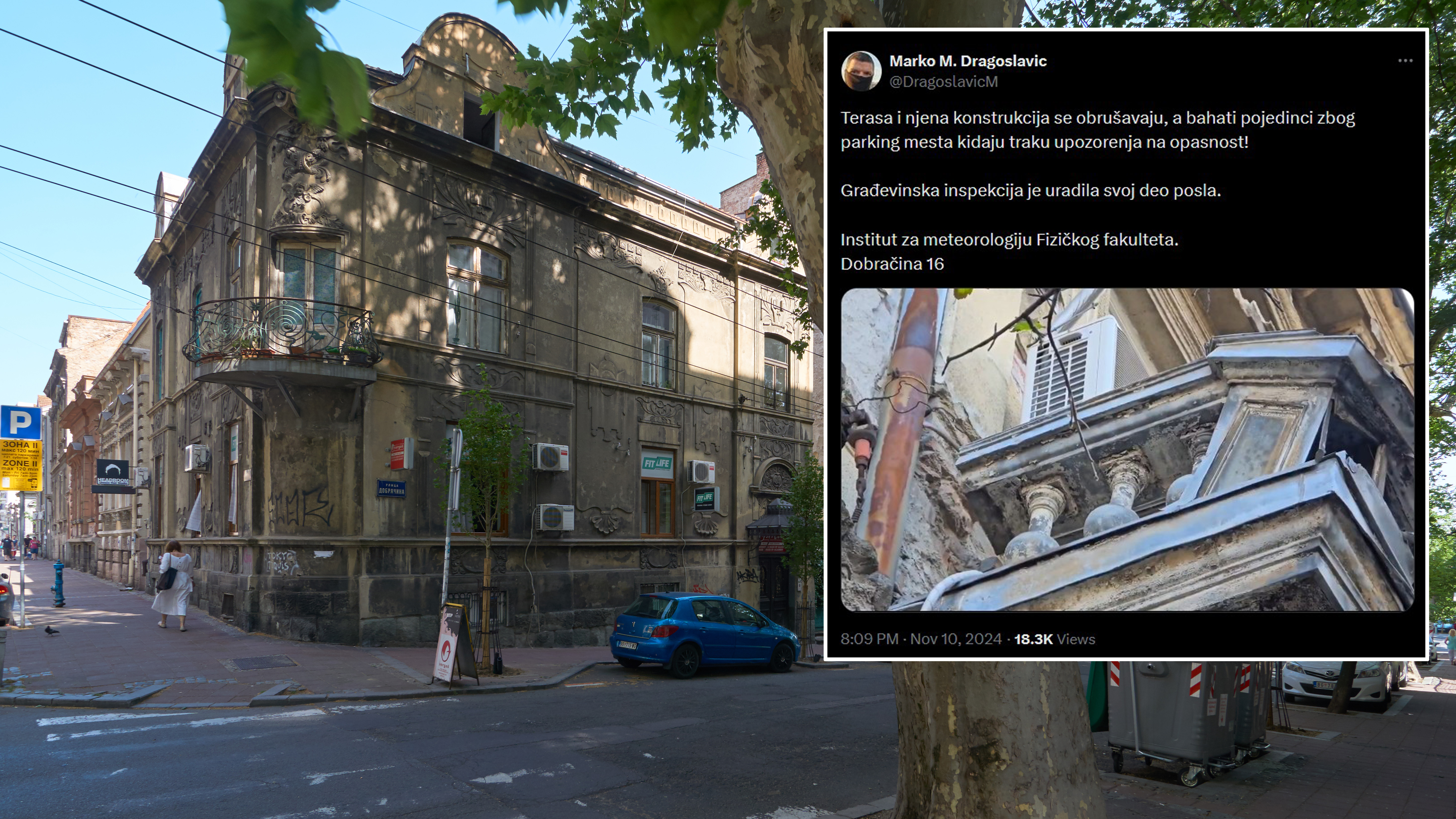 Dobračina ulica, Dorćol, Institut za meteorologiju Fizičkog fakulteta, zgrada, kombo Foto: Konstantin Gushcha / Shutterstock.com/Printscreen/X/Marko M. Dragoslavic