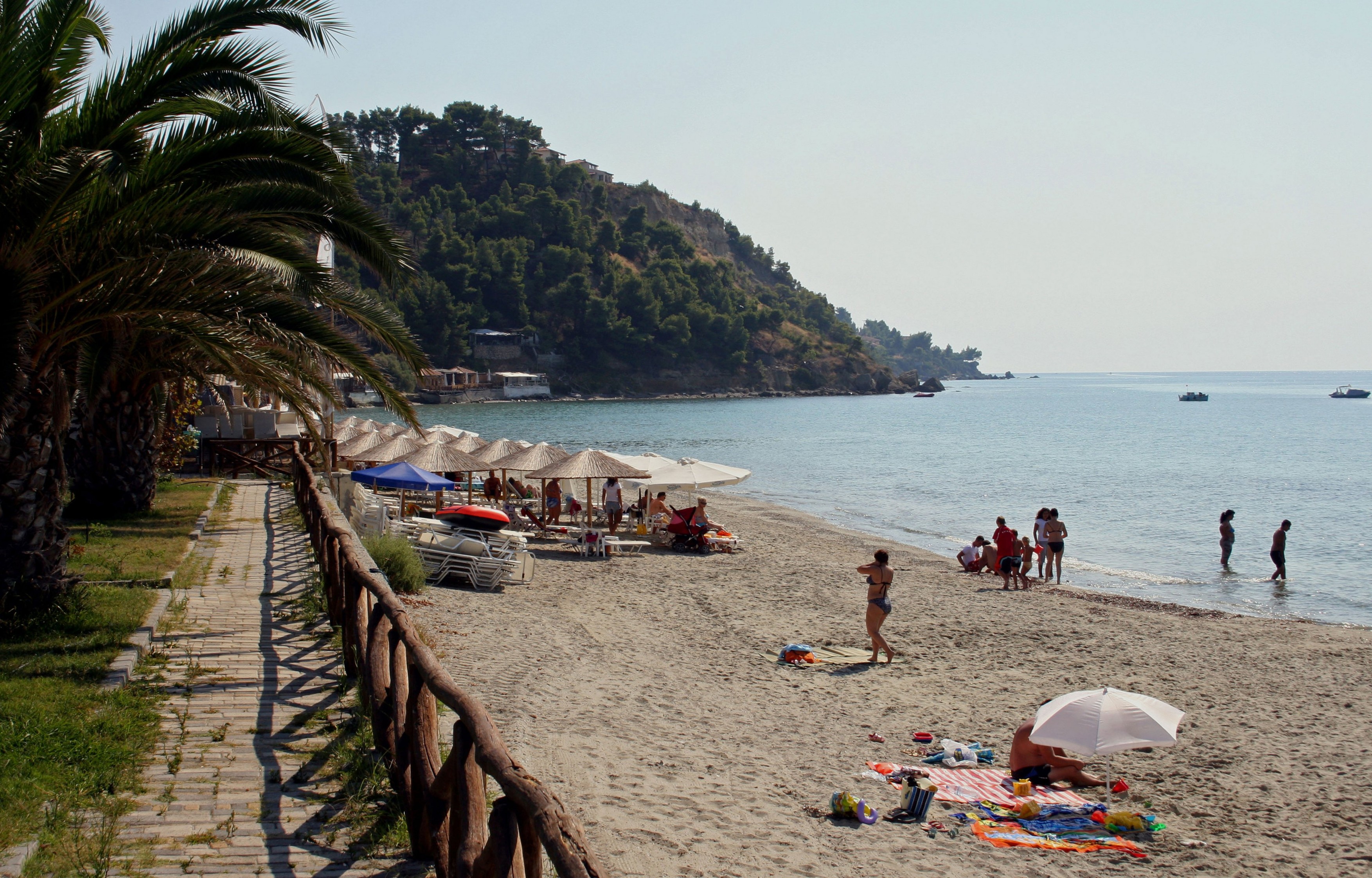 THE TRANQUIL PICTURESQUE BEACH AT POSSIDI. KASSANDRA PENINSULA. HALKIDIKI GREECE.