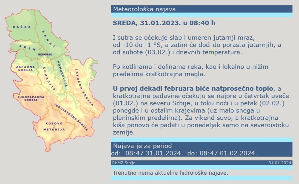 Vremenska prognoza, vreme, upozorenja i najave Foto: RHMZ