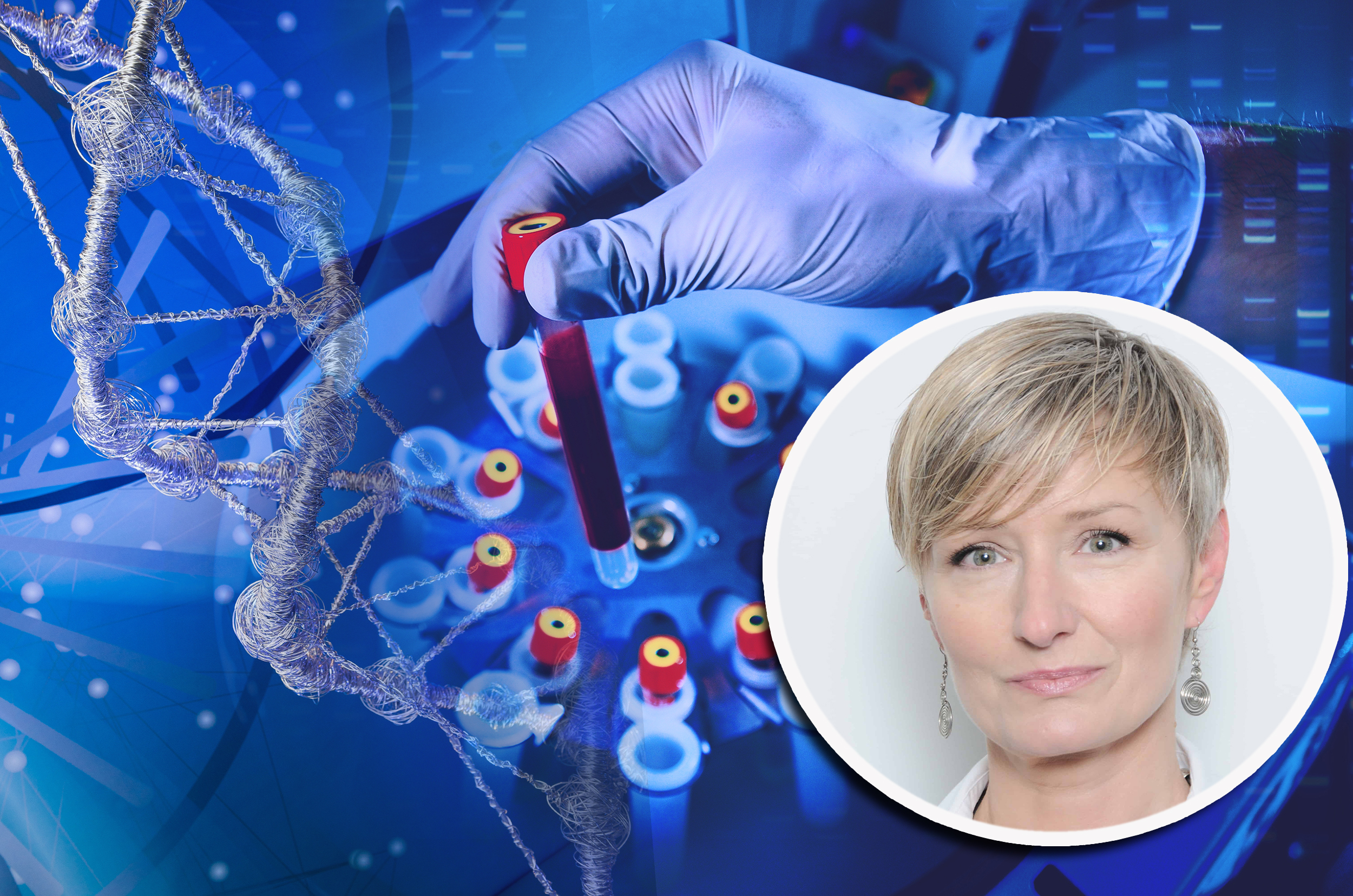 Milka Sokolović  Analysis of dnk. A hand in a medical glove holds a test tube with DNA. Bacteriological studies in the laboratory. Spirals and blood molecules of DNA. Medical tests for viruses, fungi and diseases.