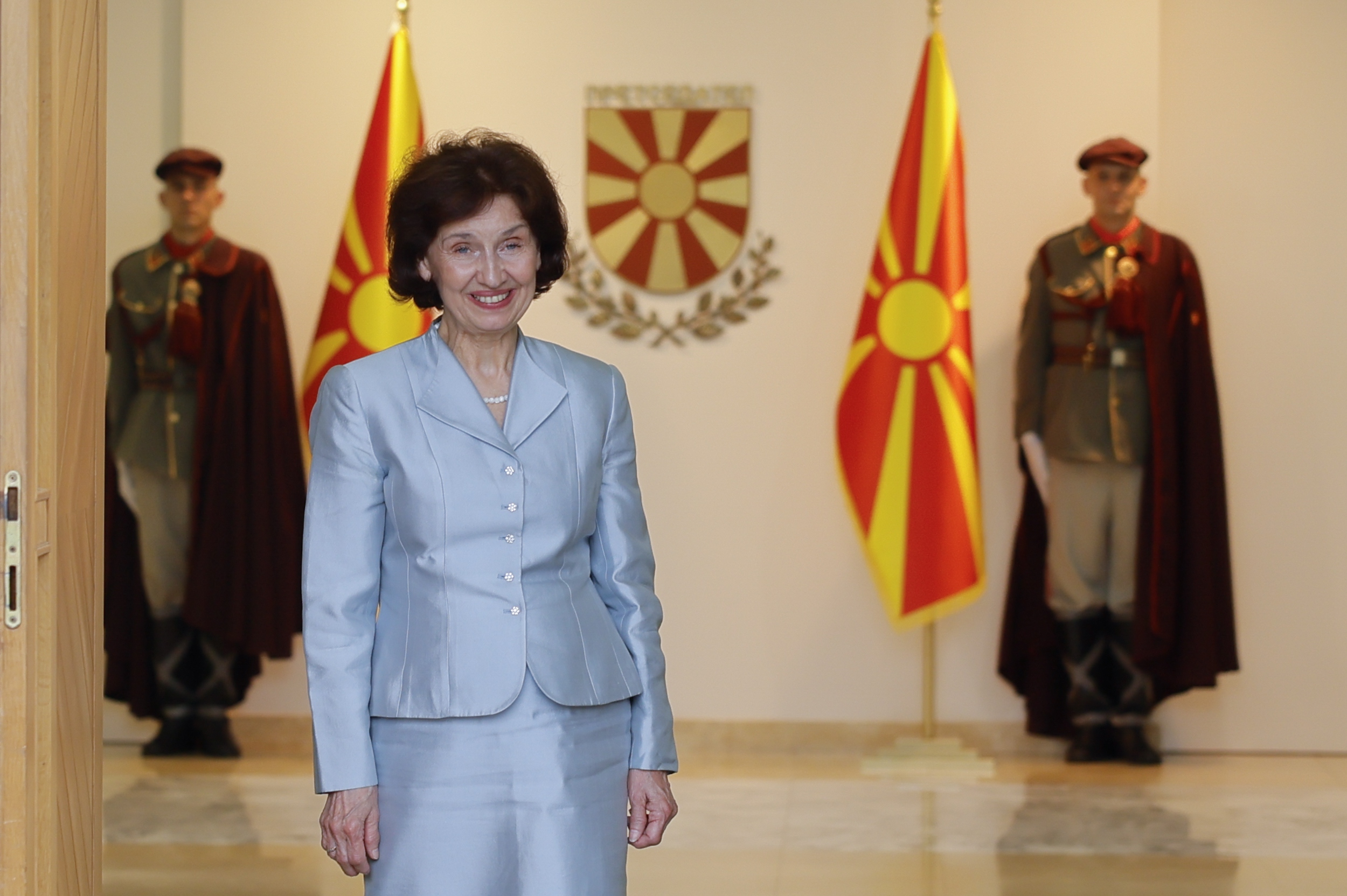 epa11335015 New President of North Macedonia Gordana Siljanovska-Davkova poses after the handover ceremony at the President's residence in Skopje, North Macedonia, 12 May 2024.  EPA-EFE/GEORGI LICOVSKI