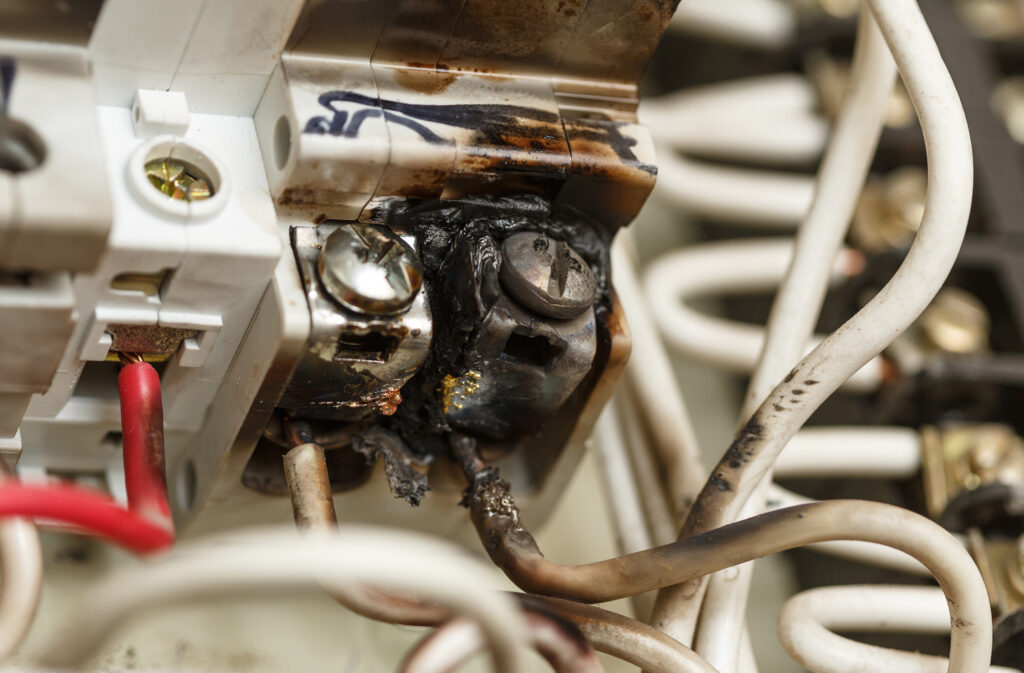 Burnt contacts of electric switchgear equipment. Electricity and  household safety concept. instalacija gori u plamenu plamen