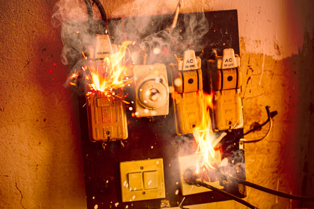 Blown short circuit electricity breaker,  fuse box damaged from high voltage overload, old bad installation condition over heat fuses home danger from fire burn instalacija gori u plamenu plamen