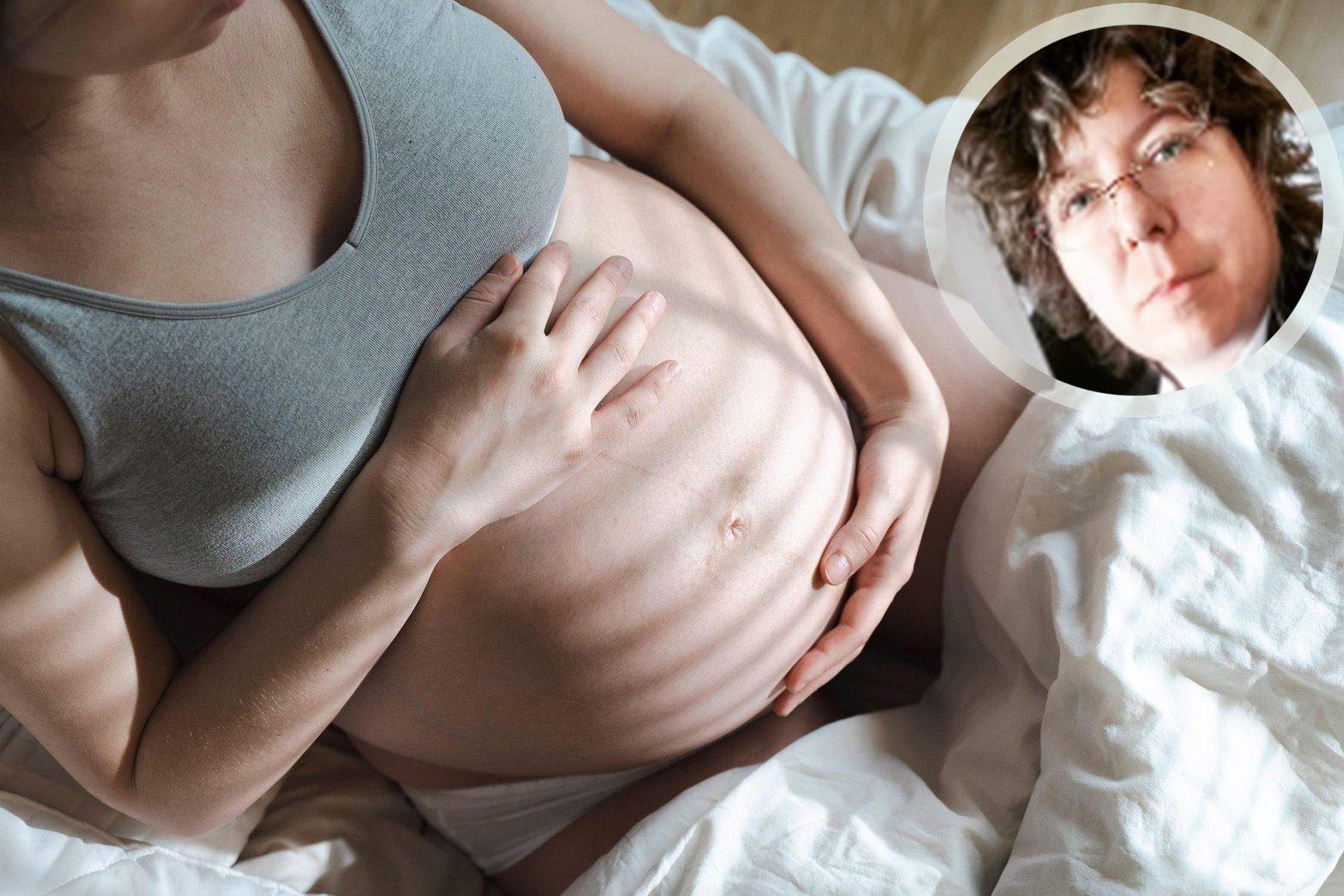 Aneta Surtov A pregnant woman strokes her belly with a baby before childbirth while relaxing in a sunny bright bedroom lying on a bed. Women's health, pregnancy, conception, childbirth concept. High quality photo