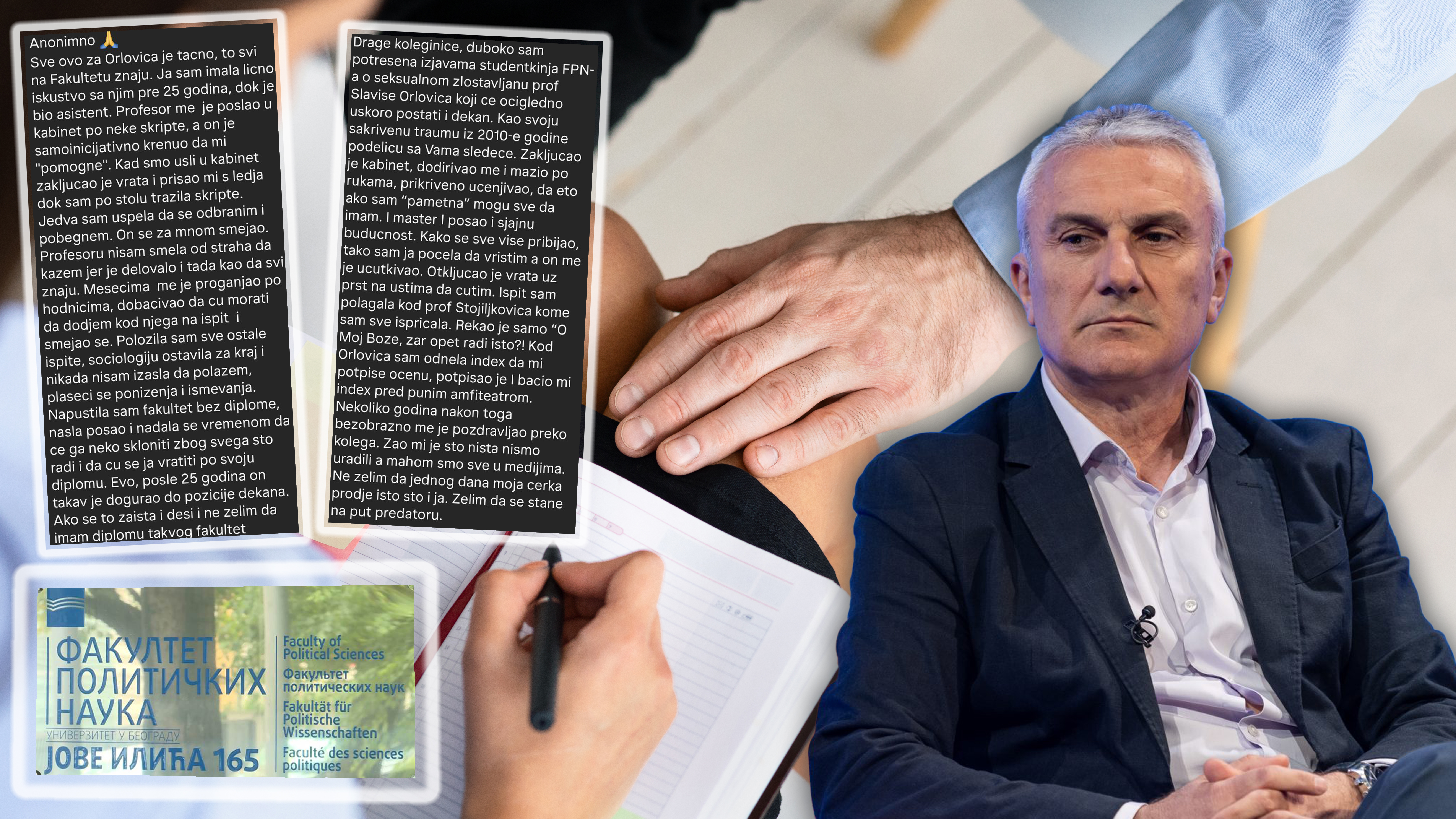 FPN, Fakultet političkih nauka, Slaviša Orlović, poruke. Studentkinja, napastvovanje, seksualno uznemiravanje, kombo Foto: Shutterstock/Ivan Dinić/Nova/N1/Privatna arhiva