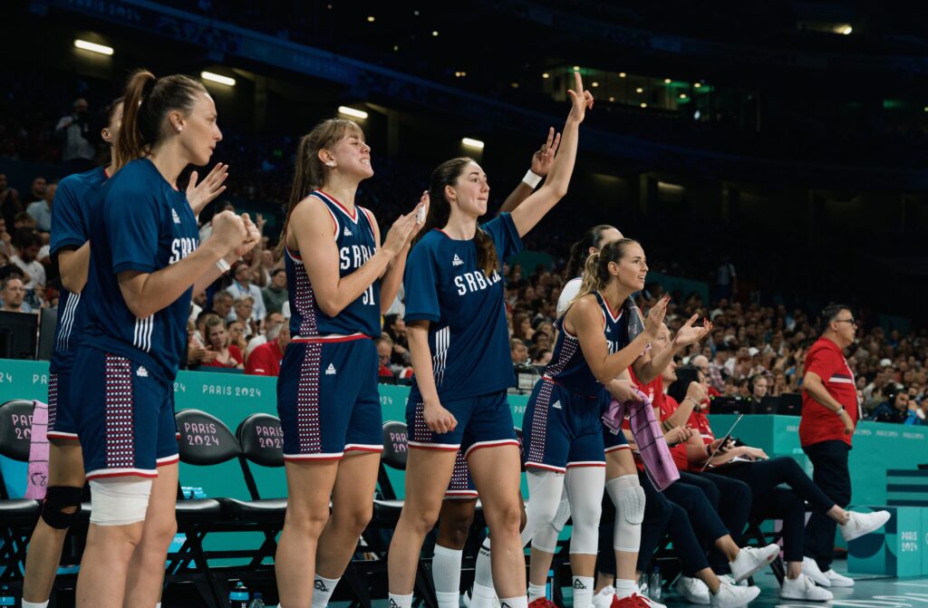 epa11511884 Team Serbia reacts during the Group A match between China and Serbia in the Paris 2024 Olympic Games, at the Pierre Mauroy Stadium in Villeneuve-d'Ascq, France, 31 July 2024.  EPA-EFE/ALEX PLAVEVSKI