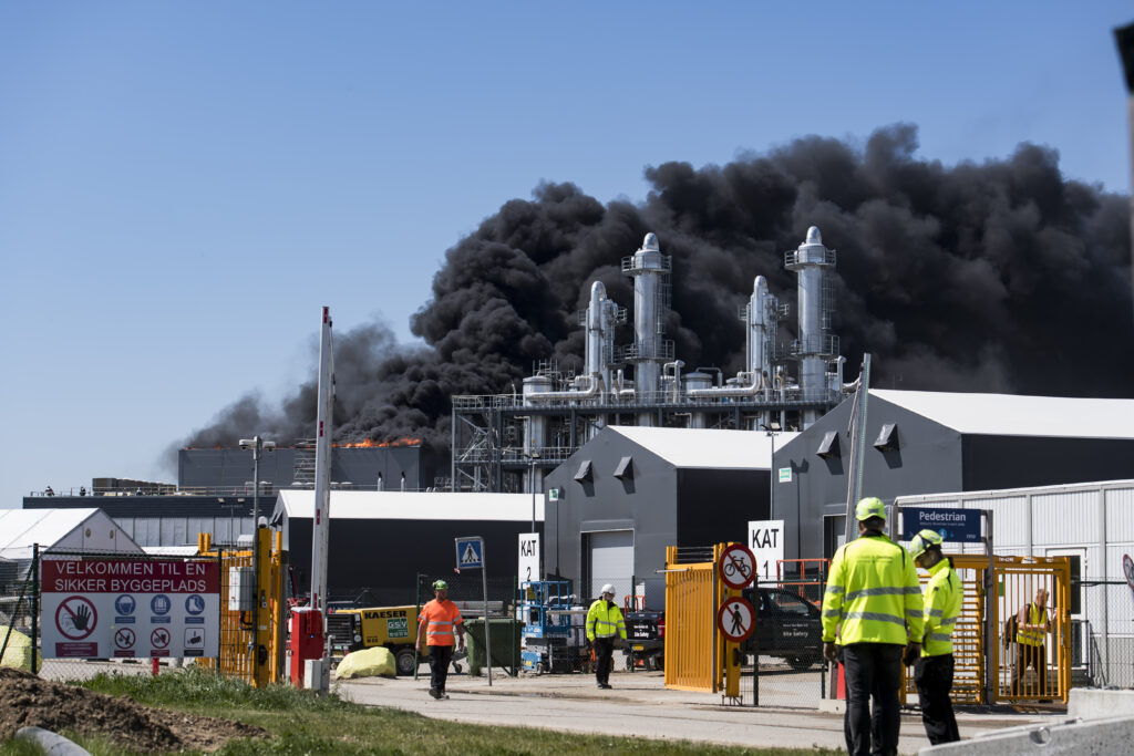 A smoke and fire rise out of a construction site at Novo Nordisk in Kalundborg, Denmark, Thursday, May 16, 2024. (Jokum Tord Larsen/Ritzau Scanpix via AP)