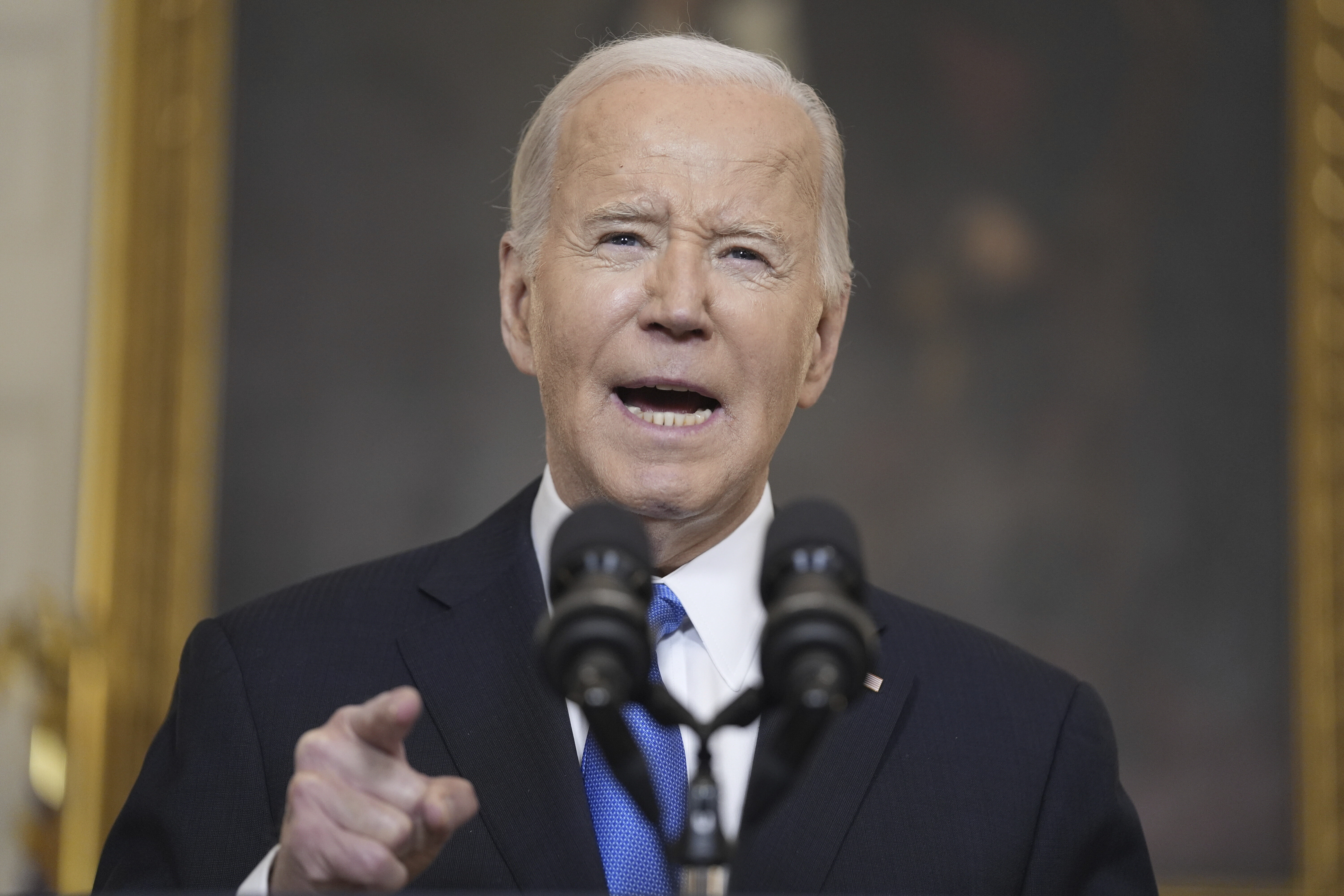 President Joe Biden delivers remarks on a $95 billion Ukraine Israel aid package being debated in Congress, in the State Dining Room of the White House, Tuesday, Feb. 13, 2024, in Washington. (AP Photo/Evan Vucci)