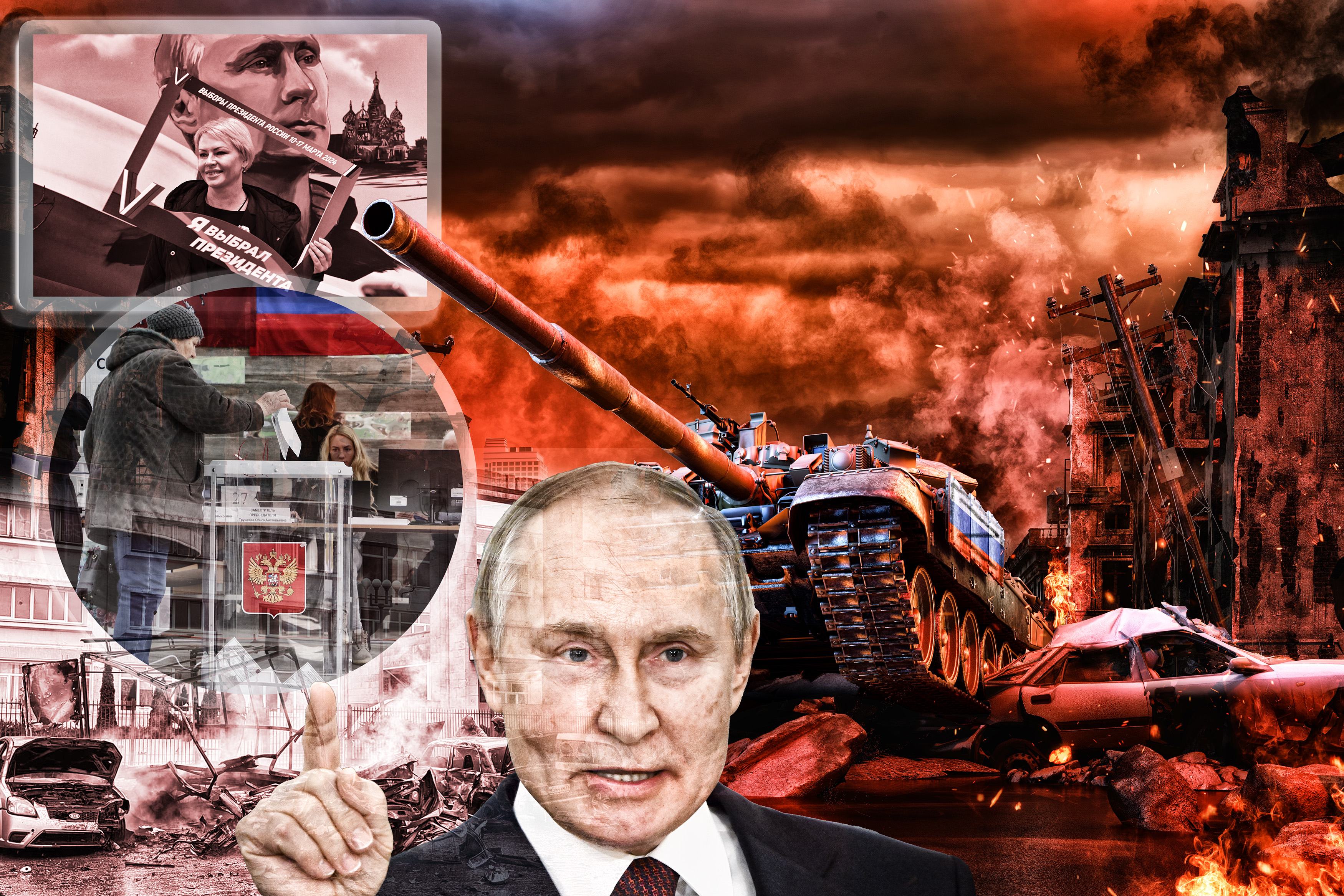 Glasanje u Rusiji, Putin i neka eksplozija? Russian tank on ruined Ukrainian city. War crisis, military intervention in Ukraine. Russia invades Ukraine. Ukraine fight against Russia; EU, USA new sanctions, nuclear forces on special alert. 3D
