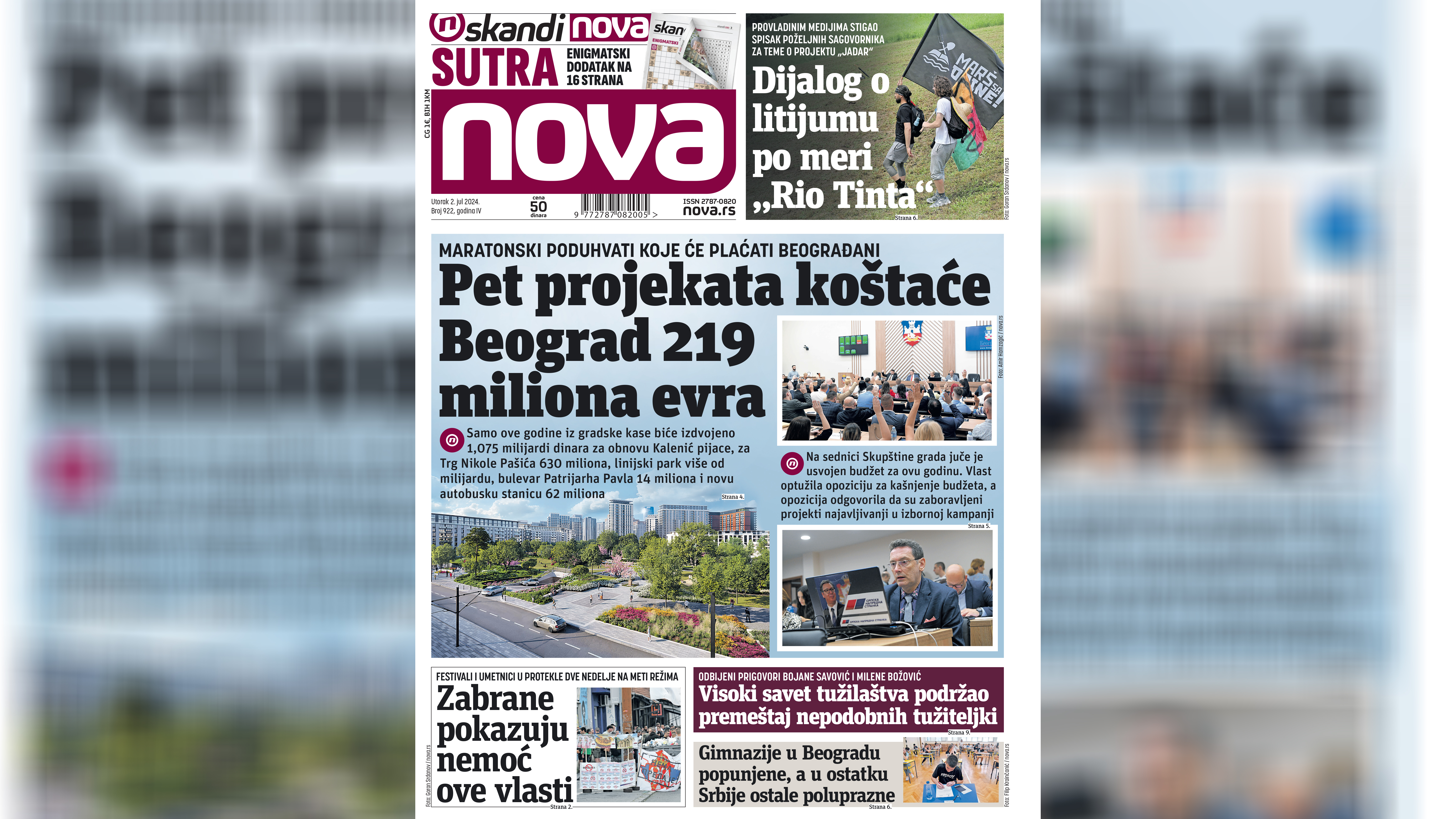 Nova, naslovna za utorak 02. jul 2024. broj 922, dnevne novine Nova, dnevni list Nova, naslovna strana Foto: Nova.rs
