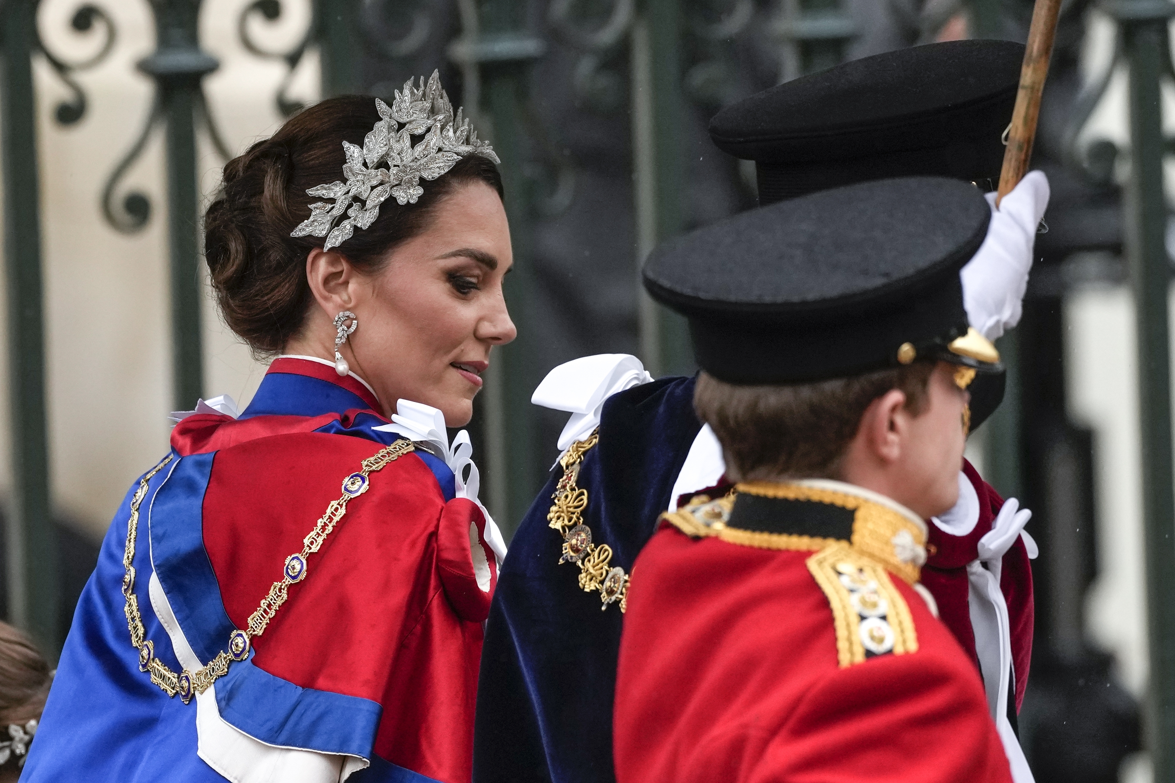 Kate, Princess of Wales arrives at Westminster Abbey prior to the coronation ceremony of Britain's King Charles III in London Saturday, May 6, 2023. (AP Photo/Alessandra Tarantino)