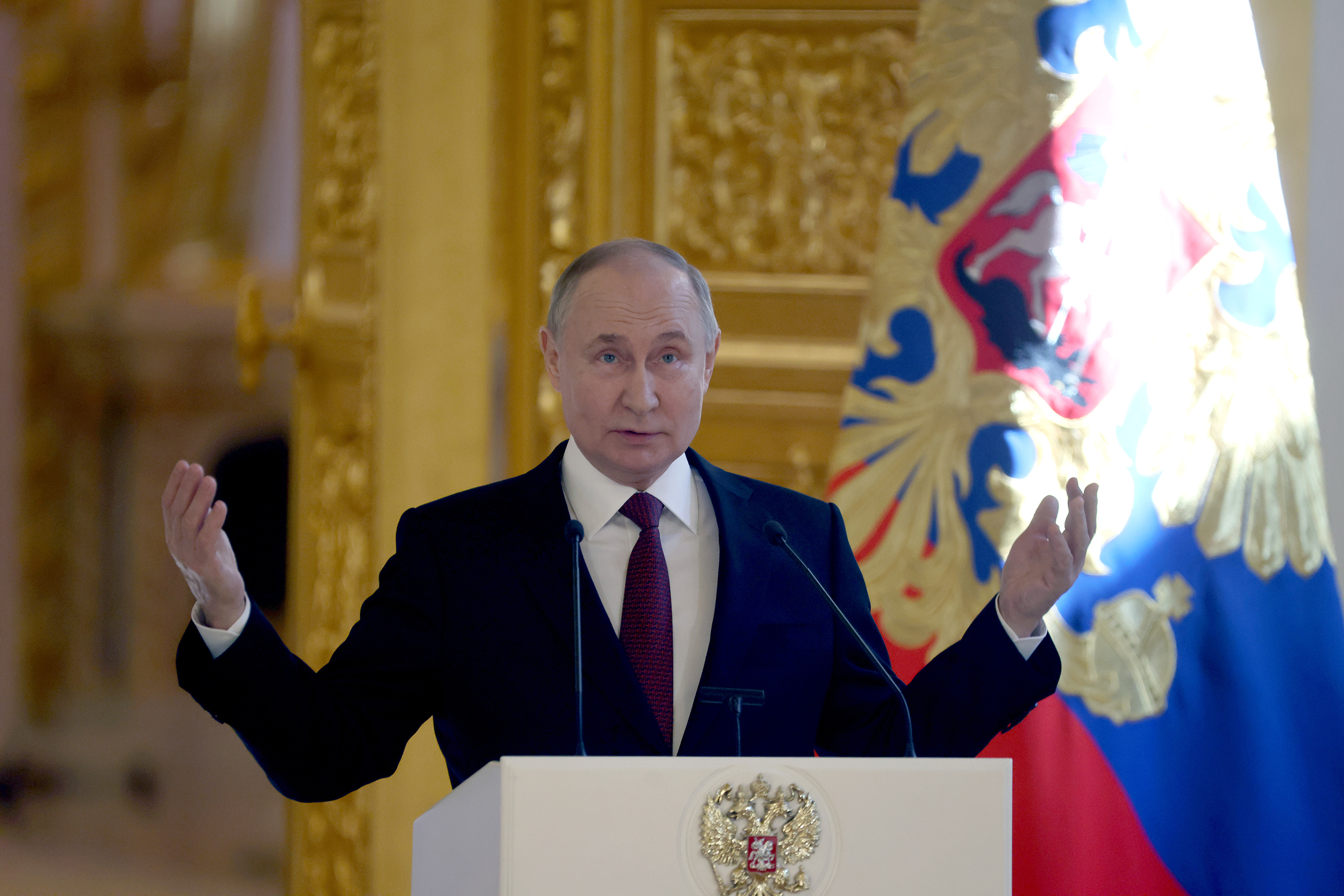 epa11230678 Russian President Vladimir Putin speaks during a meeting with his election agents at the Kremlin in Moscow, Russia, 20 March 2024. Vladimir Putin won over 87 percent of the vote in a three-day ballot.  EPA-EFE/SERGEI ILNITSKY