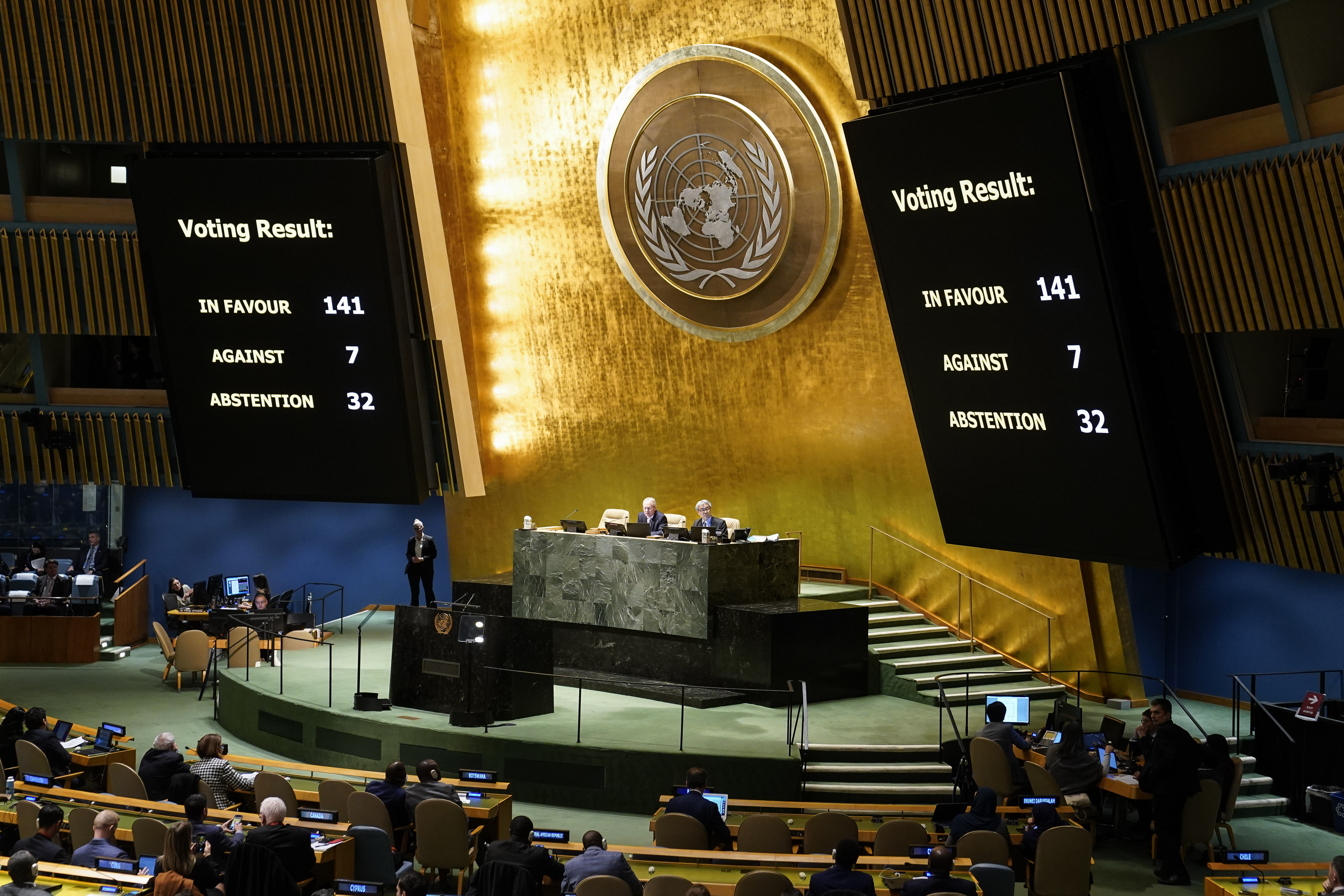 The U.N. General Assembly votes in favor of a resolution upholding Ukraine's territorial integrity and calling for a cessation of hostilities after Russia's invasion, Thursday, Feb. 23, 2023, at United Nations headquarters. (AP Photo/John Minchillo)