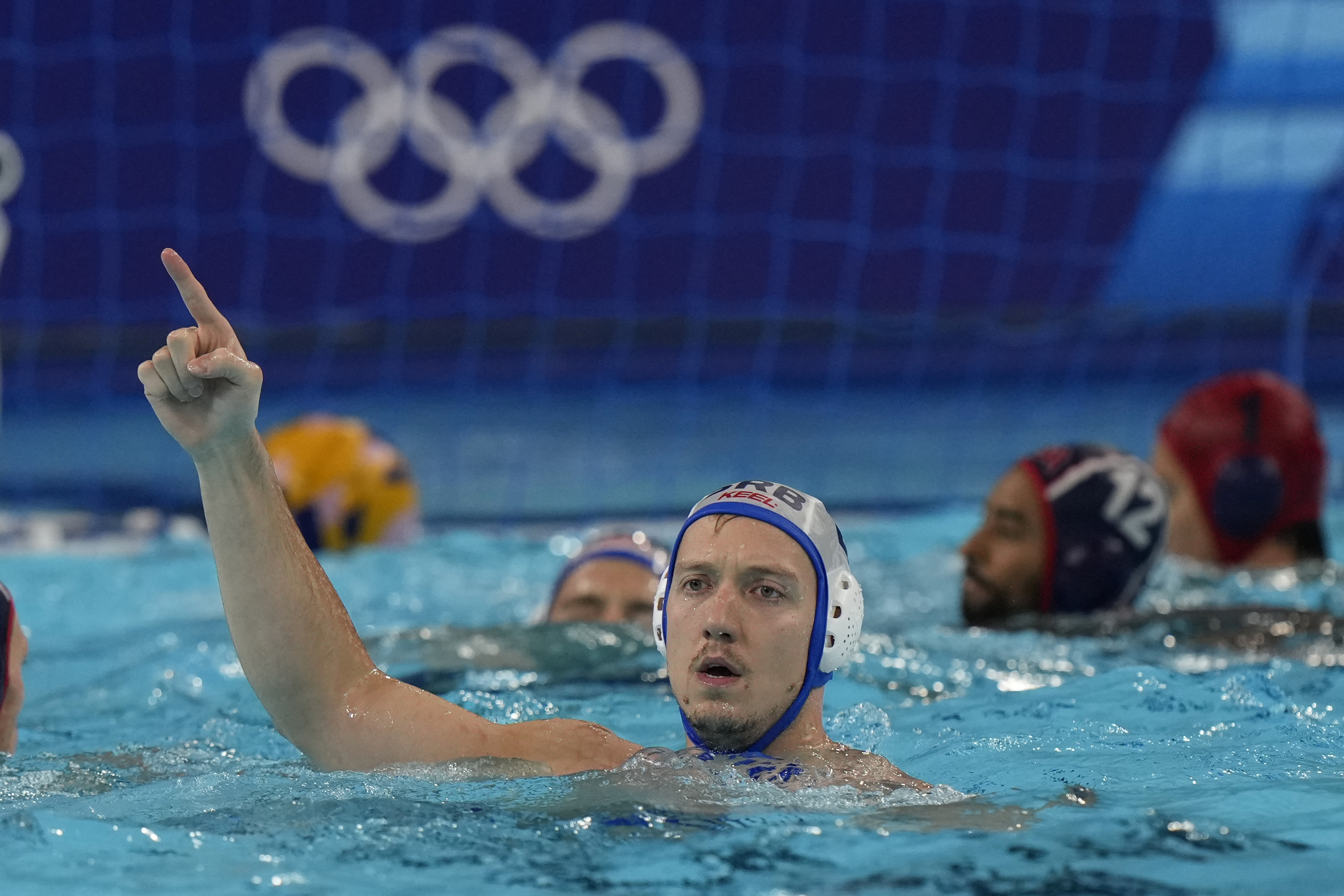 Serbia's Sava Randelovic celebrates after scoring a goal during a men's semifinal match between Serbia and USA, at the 2024 Summer Olympics, Friday, Aug. 9, 2024, in Paris. (AP Photo/Luca Bruno)