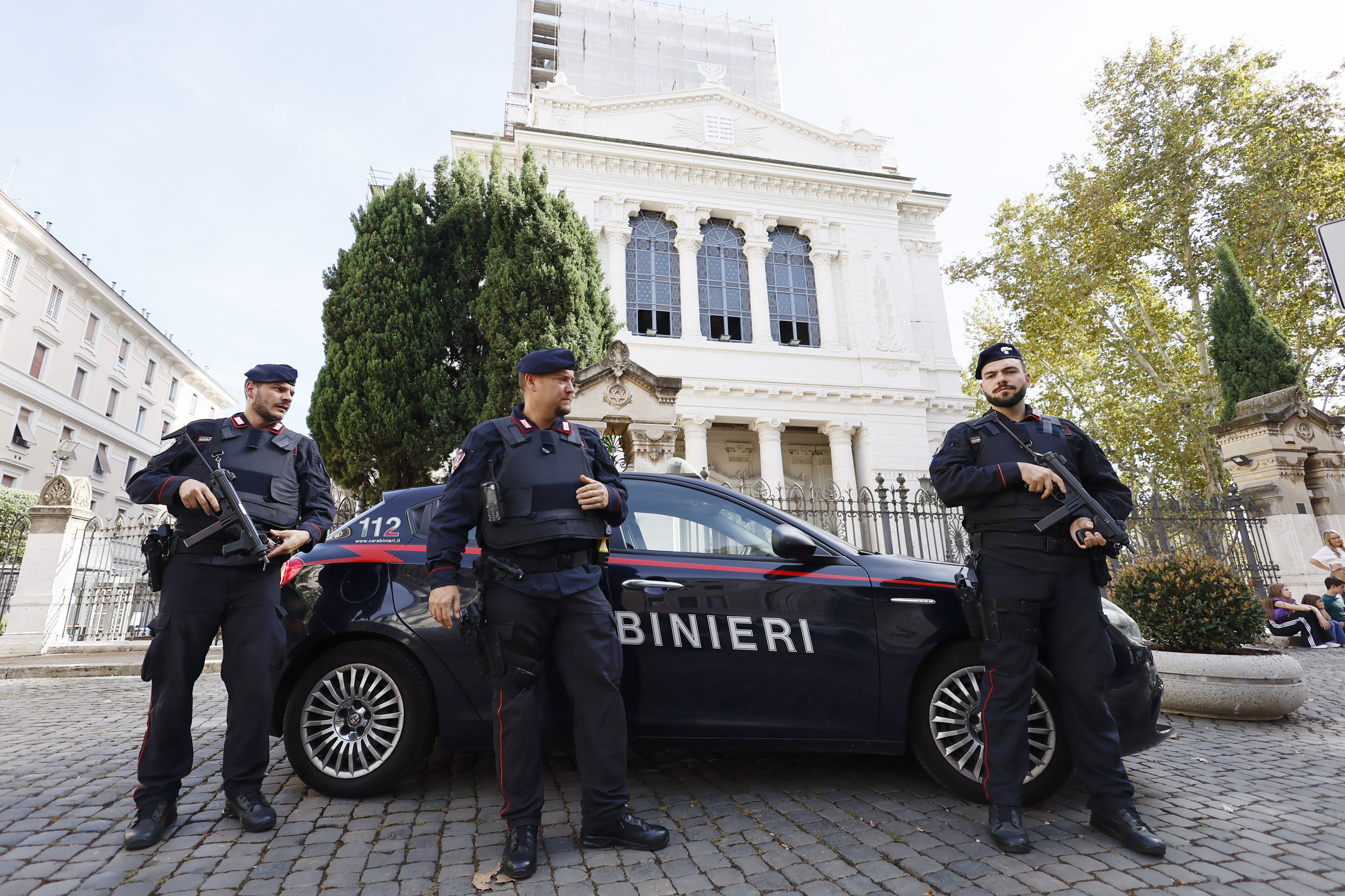 Carabinieri (Italian paramilitary police) officers patrol the area next to the Synagogue, in Rome Tuesday, Oct. 17, 2023 following a heightened alert level in recent days. (Cecilia Fabiano/LaPresse via AP)