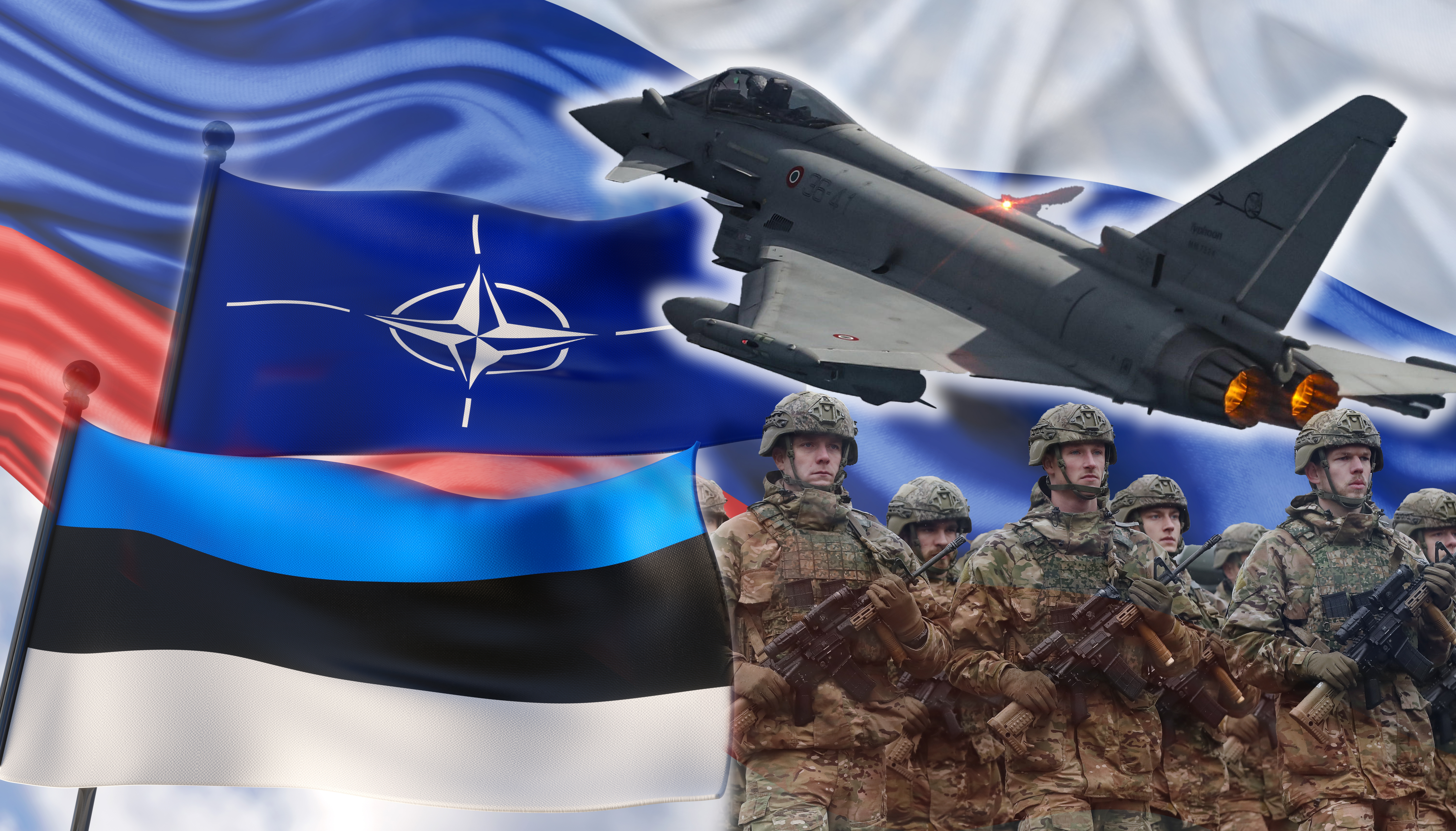 kombo borbeni avion Typhoon, NATO zastava, Estonija, vojnici, Rusija.