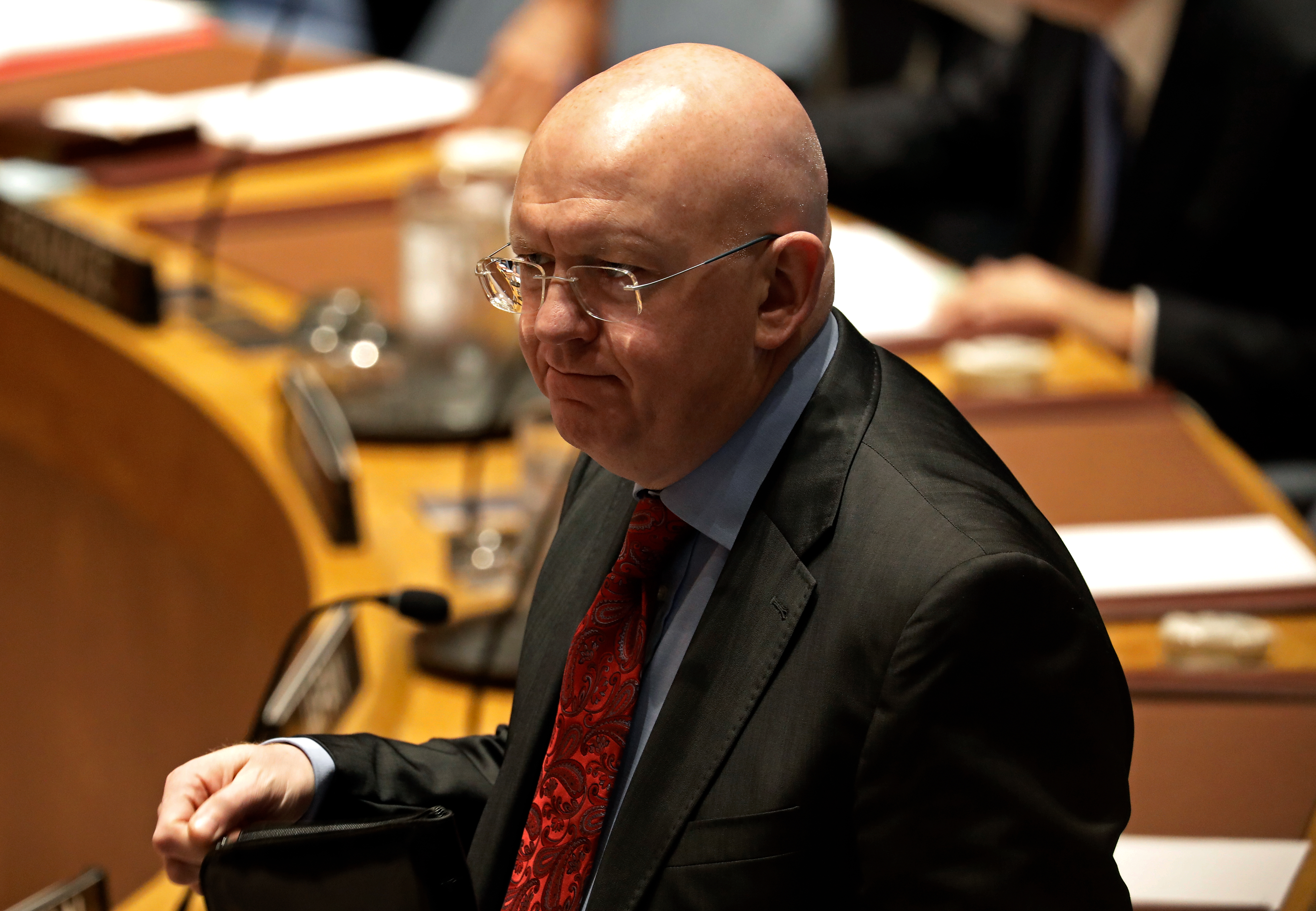 epa06183488 Russian Ambassador to the United Nations Vasily Nebenzya arrives before the Security Council  meeting on the situation in North Korea at United Nations headquarters in New York, New York, USA, 04 September 2017.  EPA-EFE/PETER FOLEY