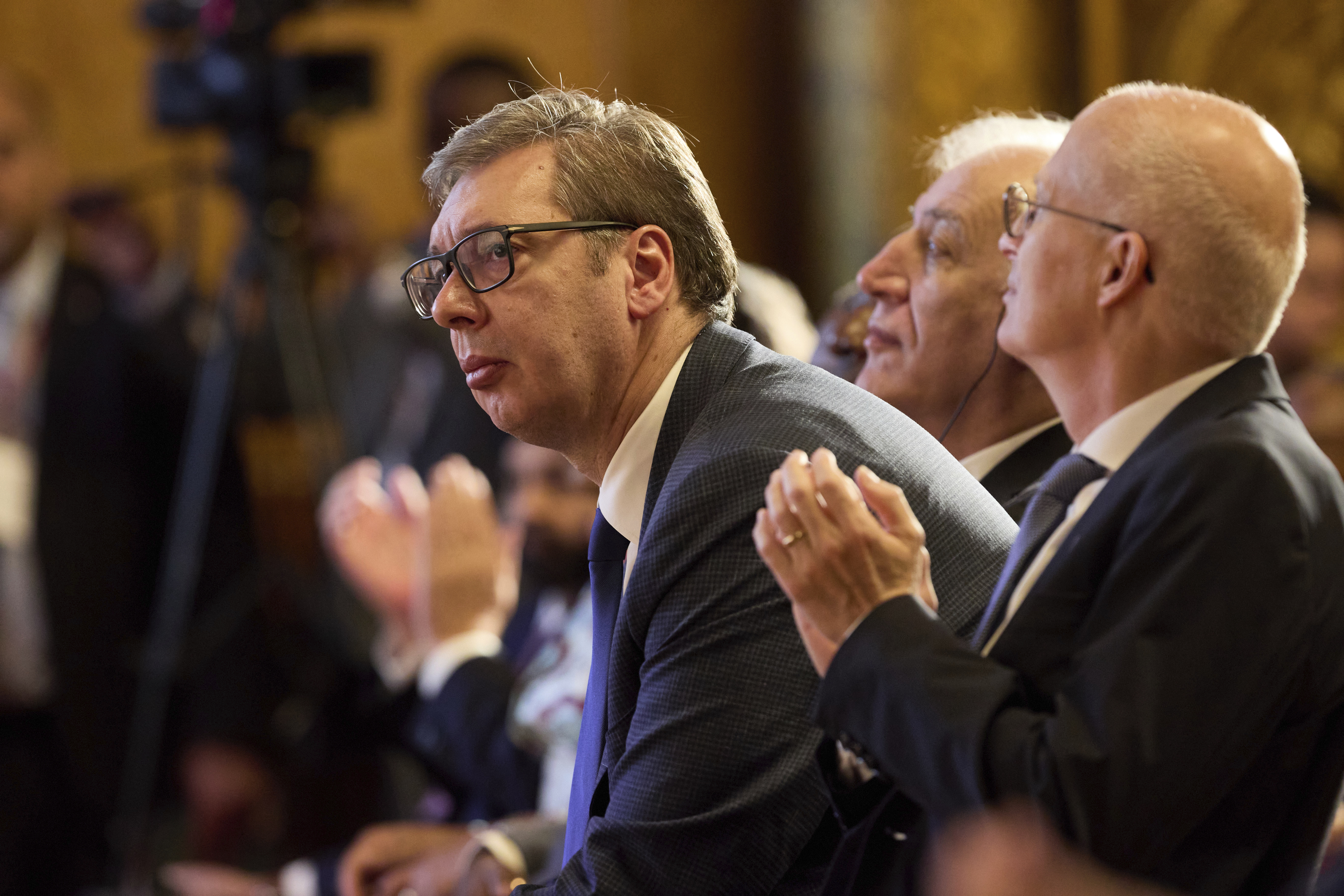 President of Serbia Aleksandar Vucic, centre, attends the Sustainability Conference in Hamburg, Germany, Monday, Oct. 7, 2024. (Georg Wendt/dpa via AP)