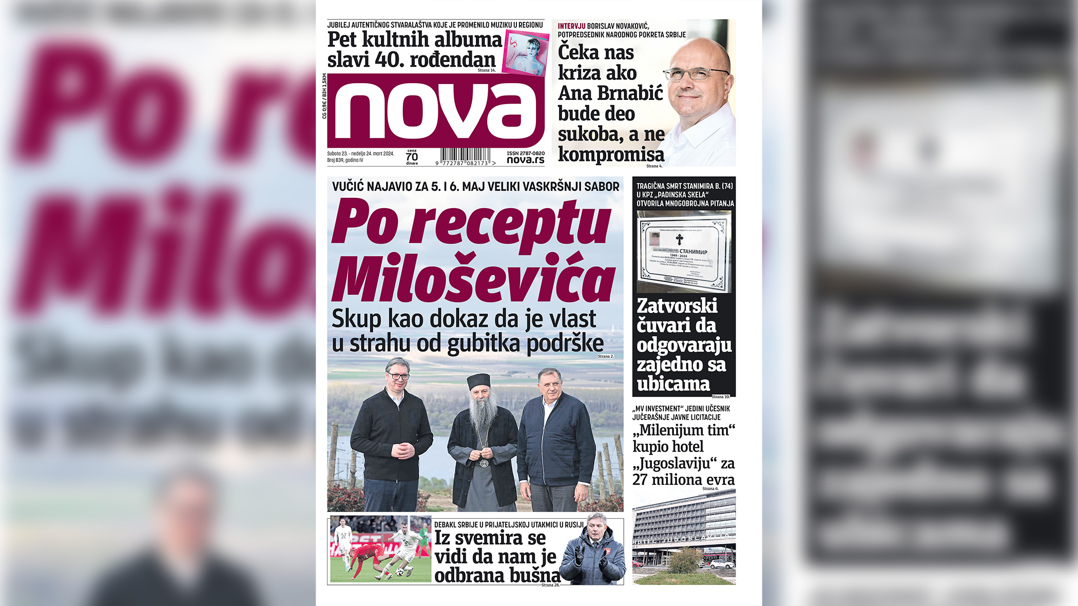 Naslovna strana dnevnih novina Nova za subotu nedelju 23/24 mart 2024. godine