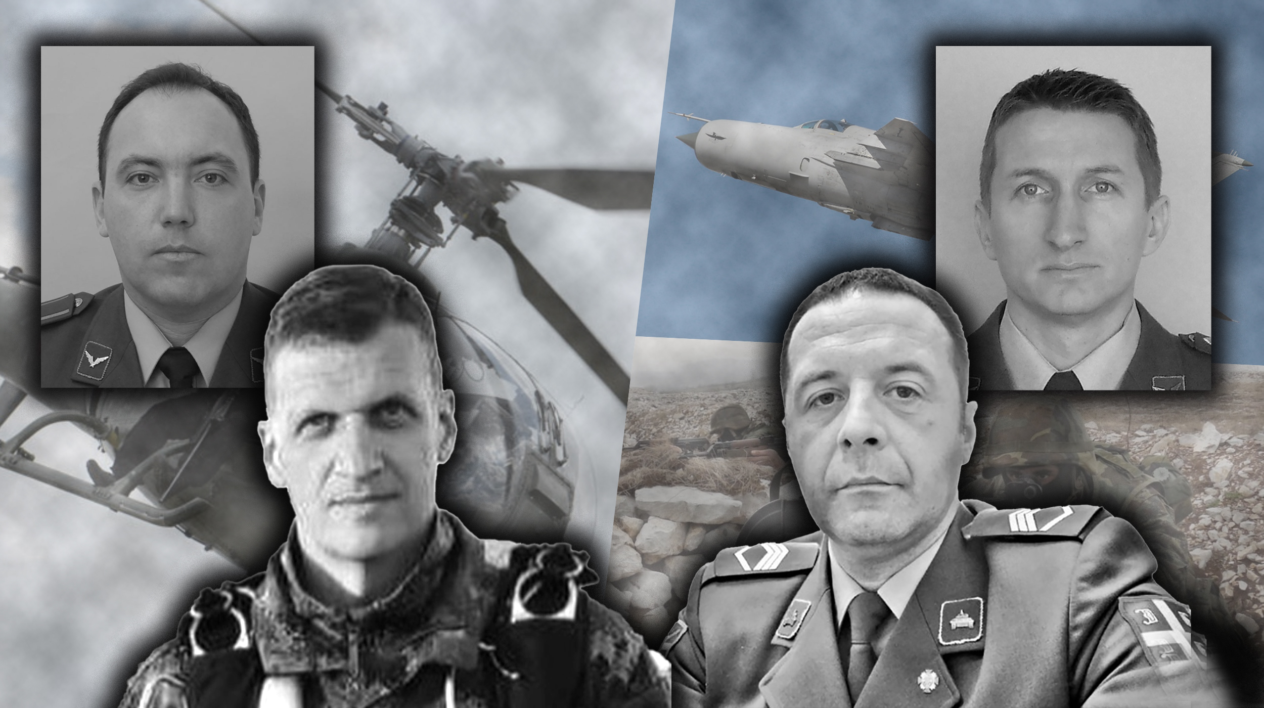 zastavnik mijodrag tošković, vodnik dejan stojković, piloti  Dejan Krsnik i Zvonko Vasiljević i neki avion vojske srbije, helikpoter ili pešadije, tema je nesreće u vojsci srbije a to su ljudi koji su poginuli KOMBO