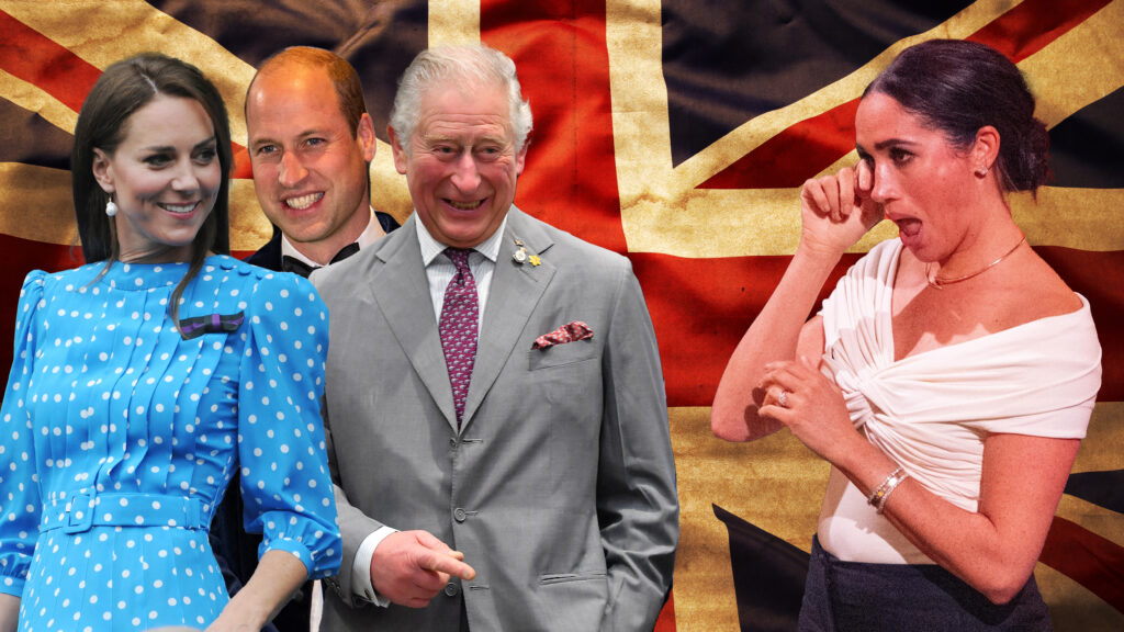 Closeup of grunge Union Jack flag Može li kombo Megan Markl u fokusu (ako može ova gde plače), iza Čarls, Kejt, Vilijam srećni, a u pozadini krunisanje i engleska zastava?